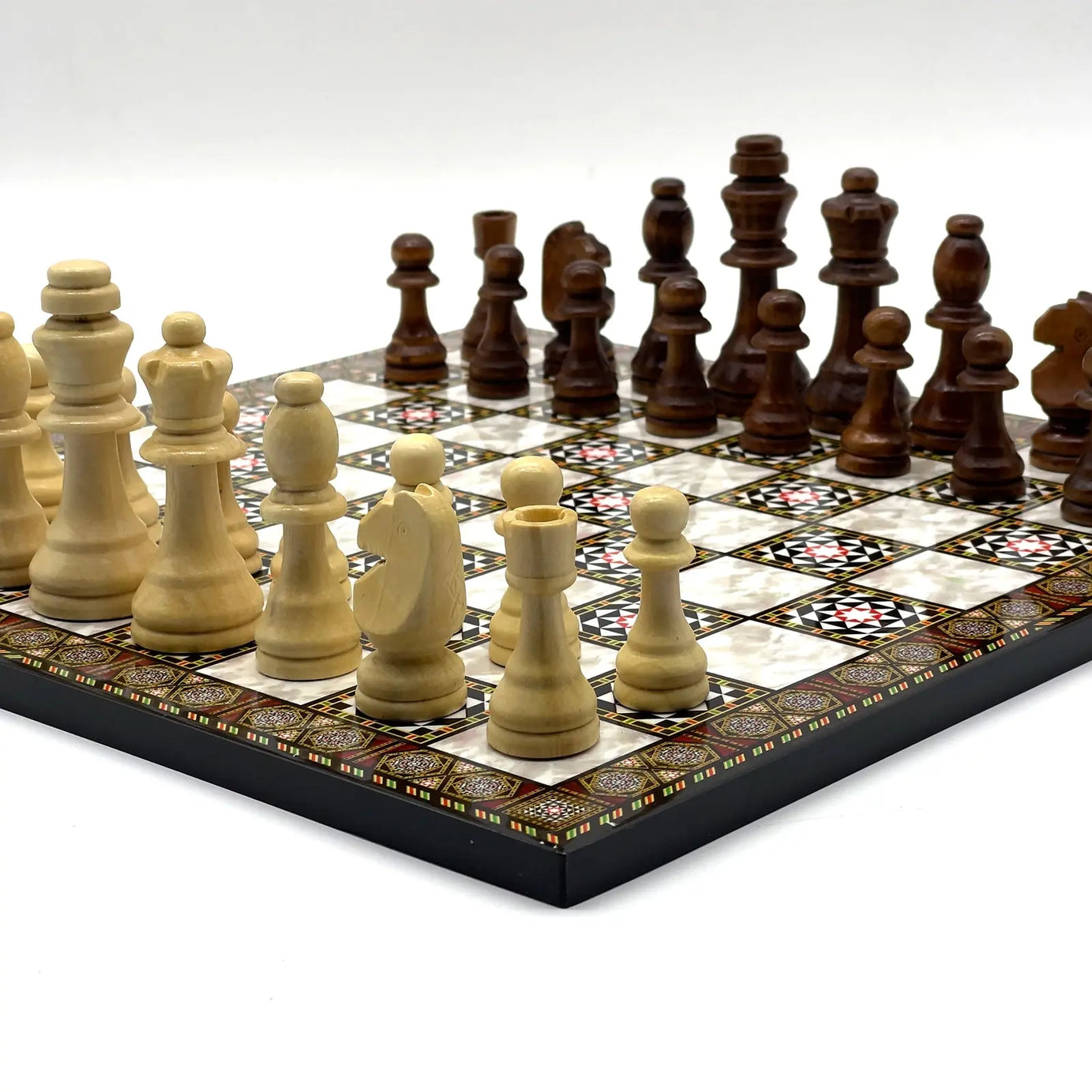 14" Mosaic Marble Patterned Wooden Set With Wooden Chess Pieces