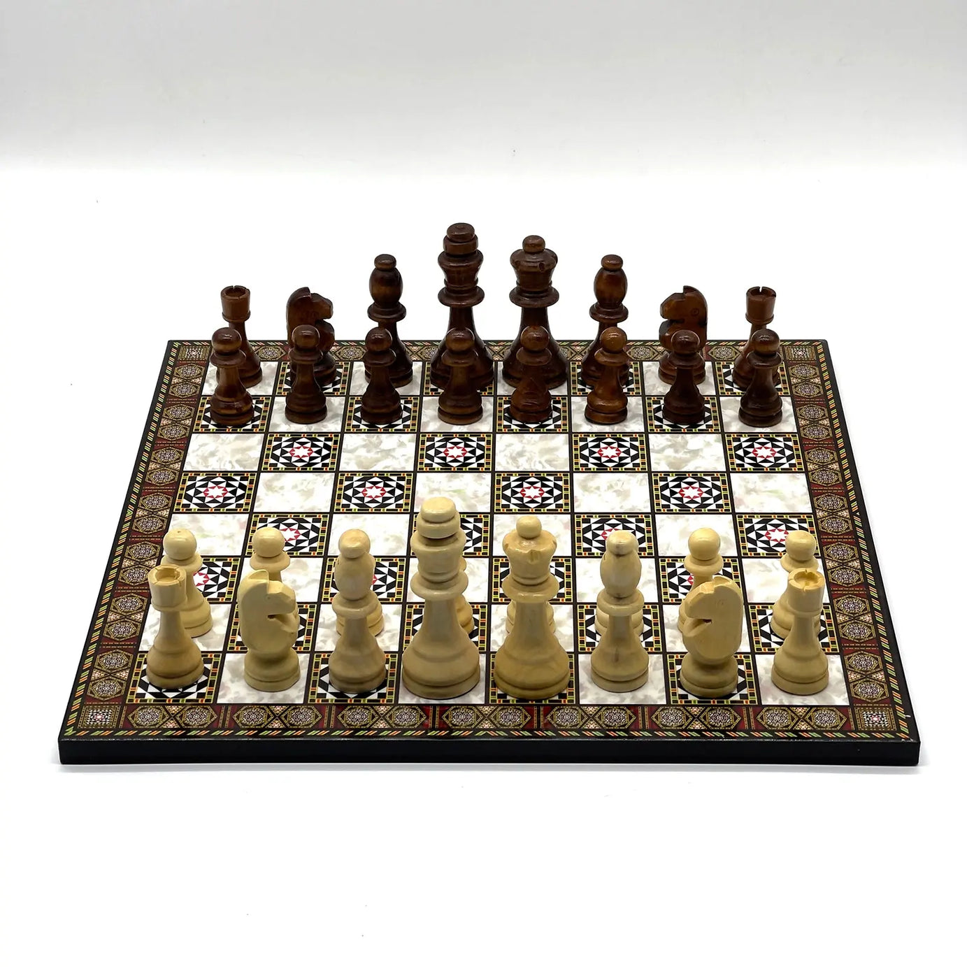 14" Mosaic Marble Patterned Wooden Set With Wooden Chess Pieces