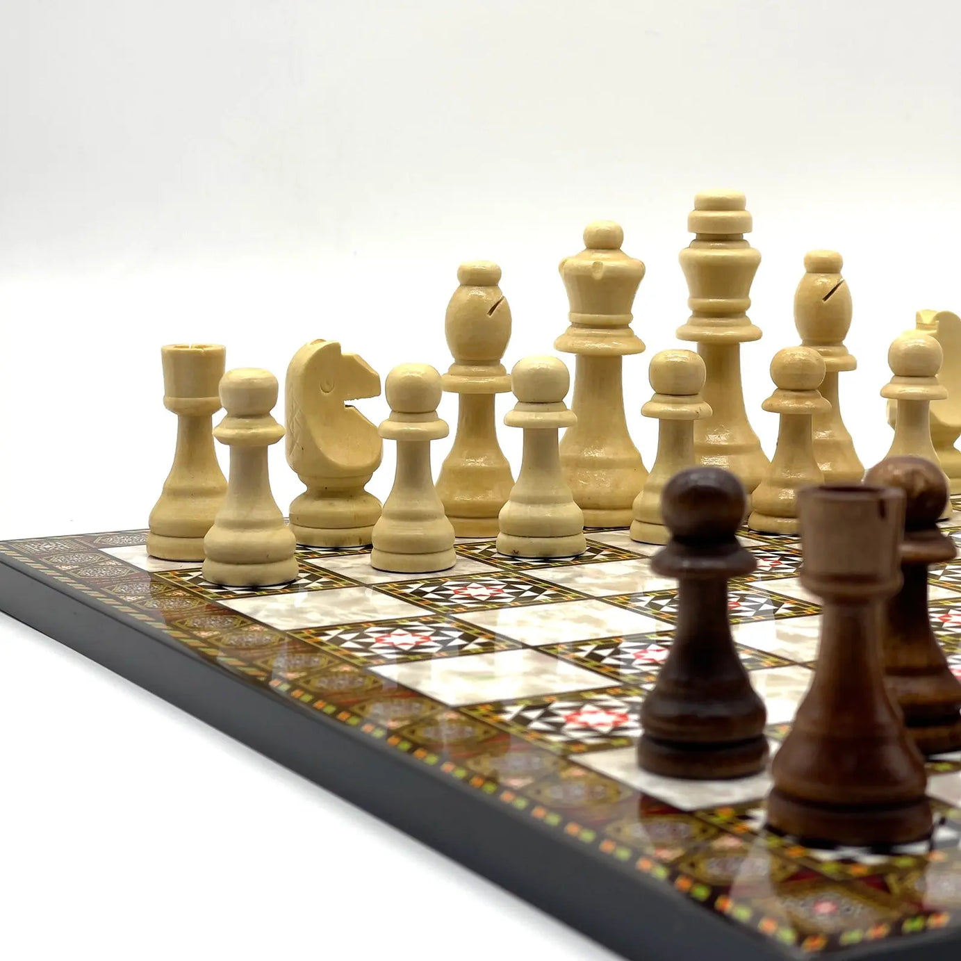 14" Mosaic Marble Patterned Wooden Set With Wooden Chess Pieces