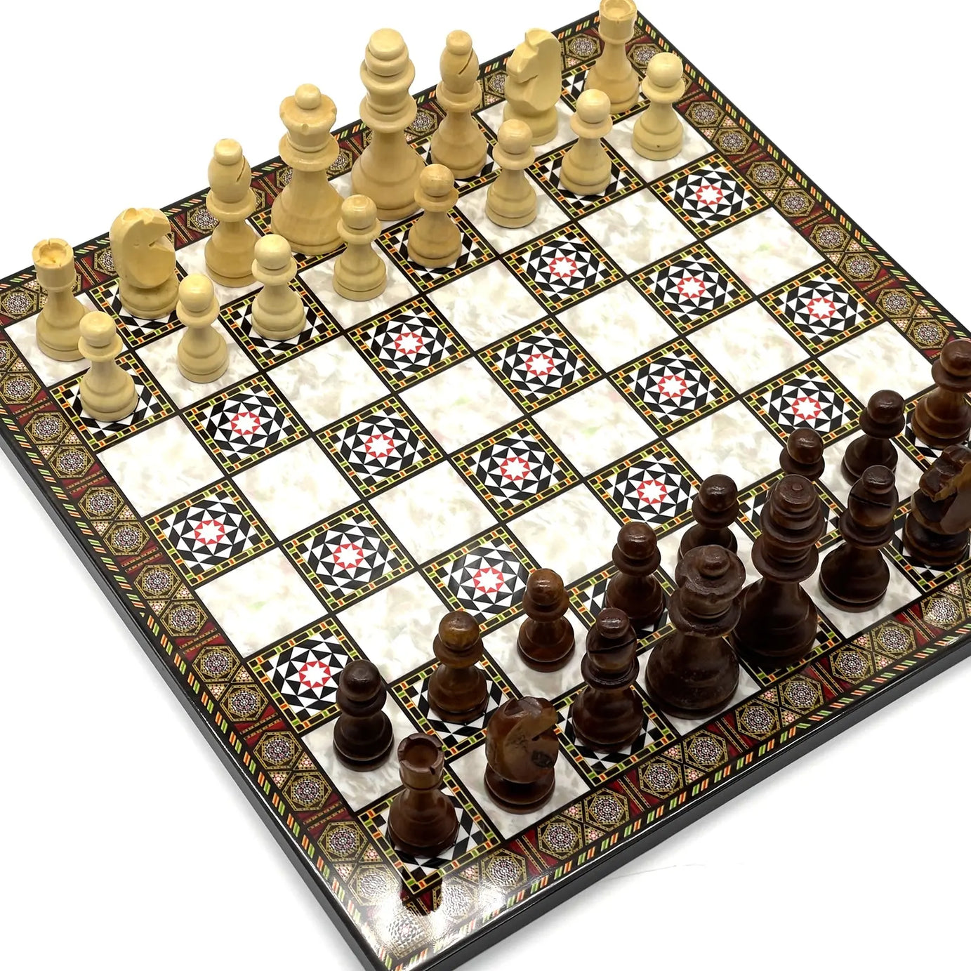 14" Mosaic Marble Patterned Wooden Set With Wooden Chess Pieces