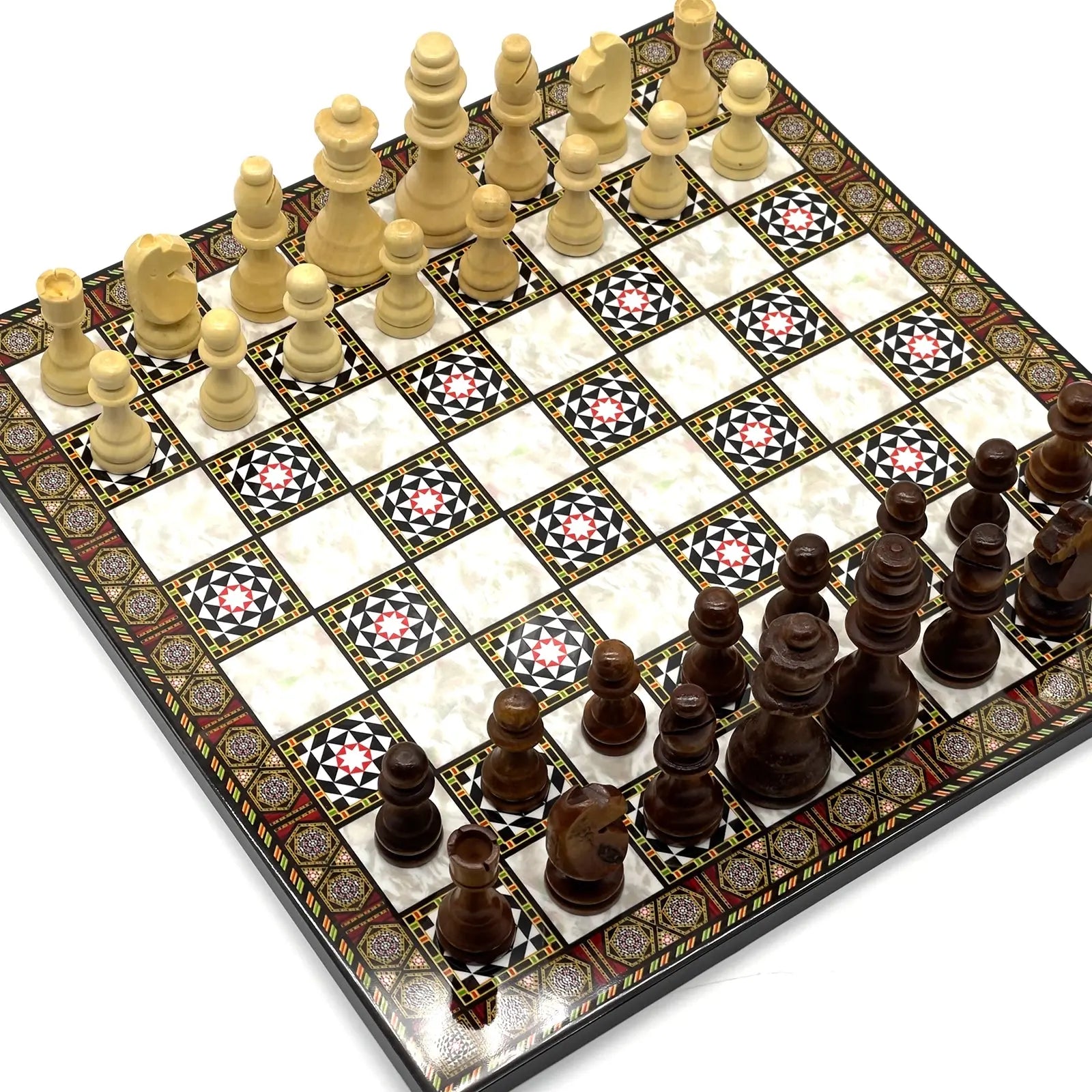 14" Mosaic Marble Patterned Wooden Set With Wooden Chess Pieces