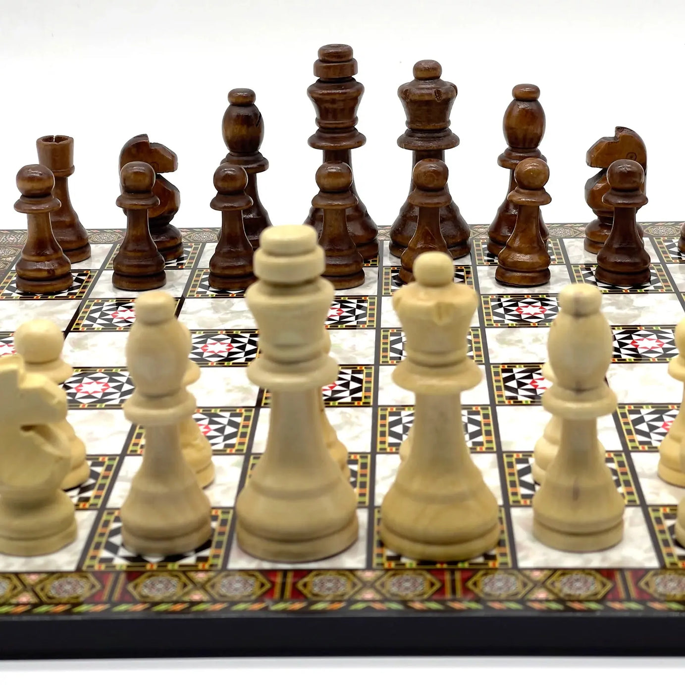 14" Mosaic Marble Patterned Wooden Set With Wooden Chess Pieces