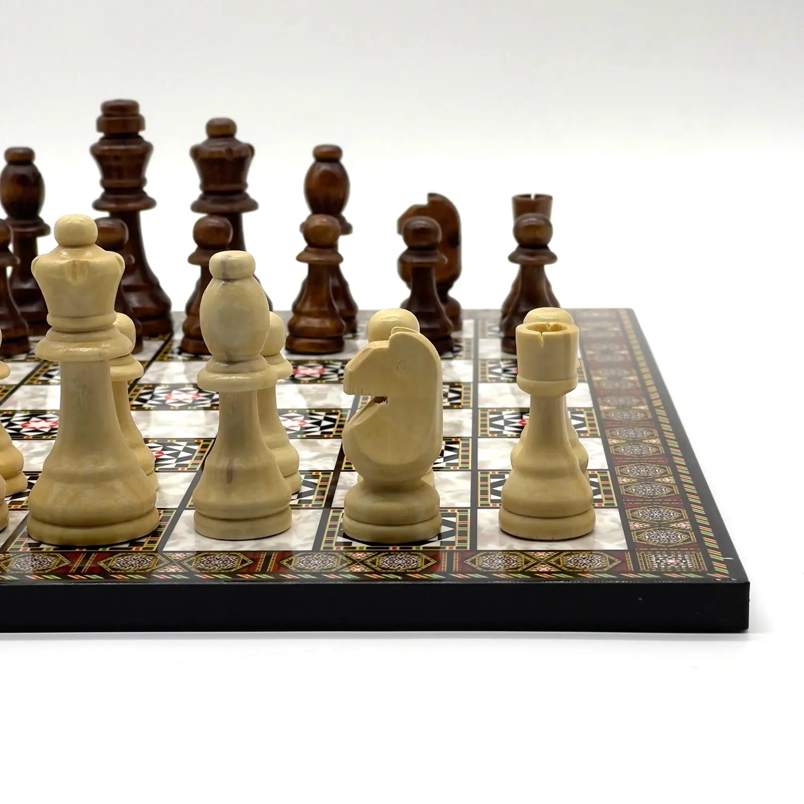 14" Mosaic Marble Patterned Wooden Set With Wooden Chess Pieces