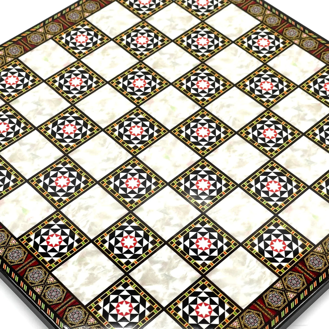 14" Mosaic Marble Patterned Wooden Set With Wooden Chess Pieces