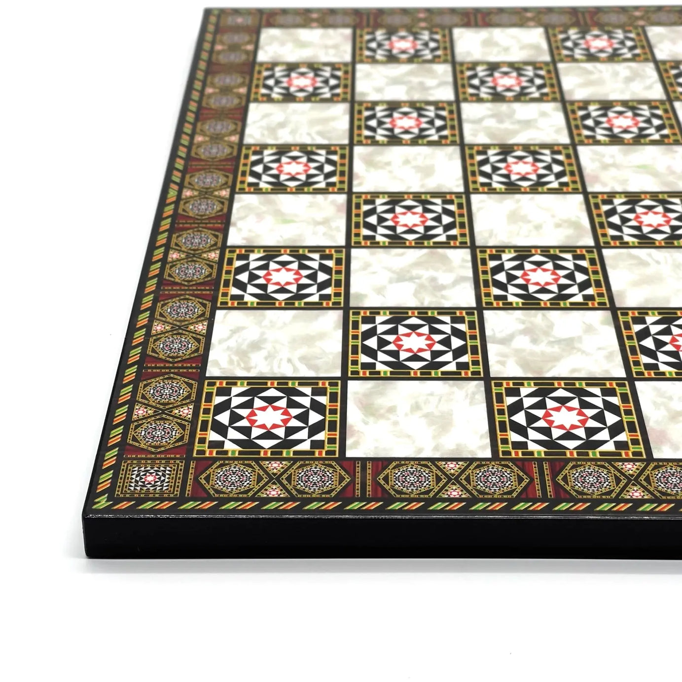 14" Mosaic Marble Patterned Wooden Set With Wooden Chess Pieces