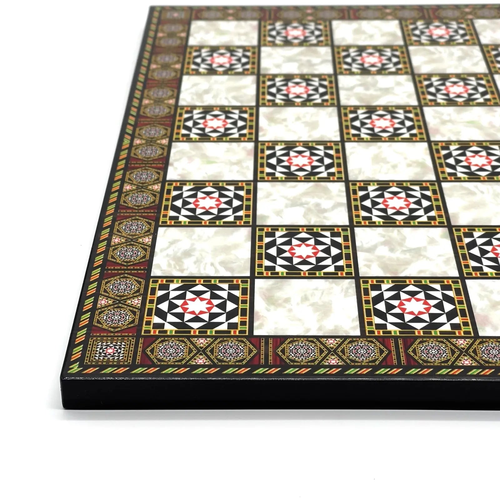 14" Mosaic Marble Patterned Wooden Set With Wooden Chess Pieces