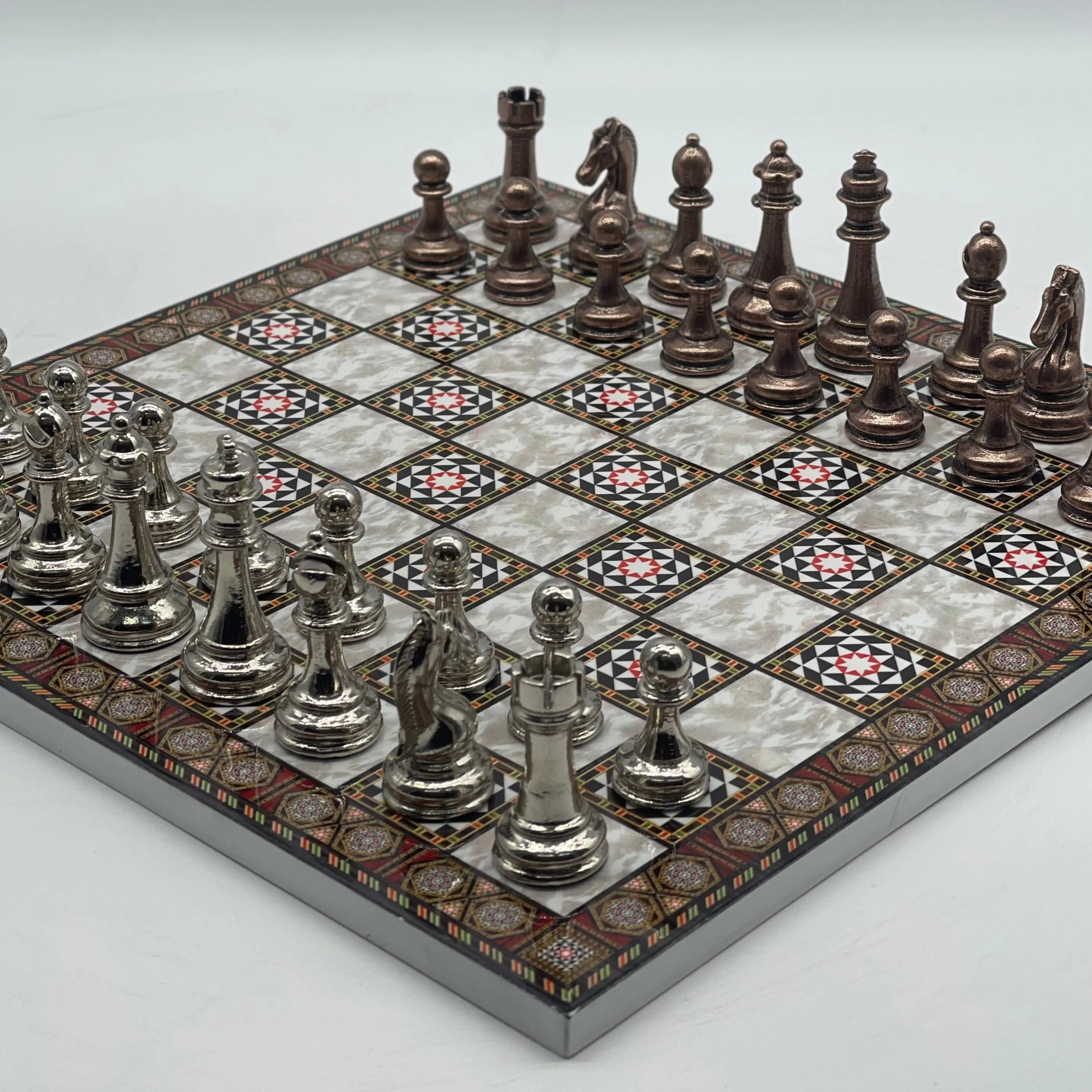 14.5" Handmade Mosaic Marble Pattern Classic Metal Pieces With Chess Set