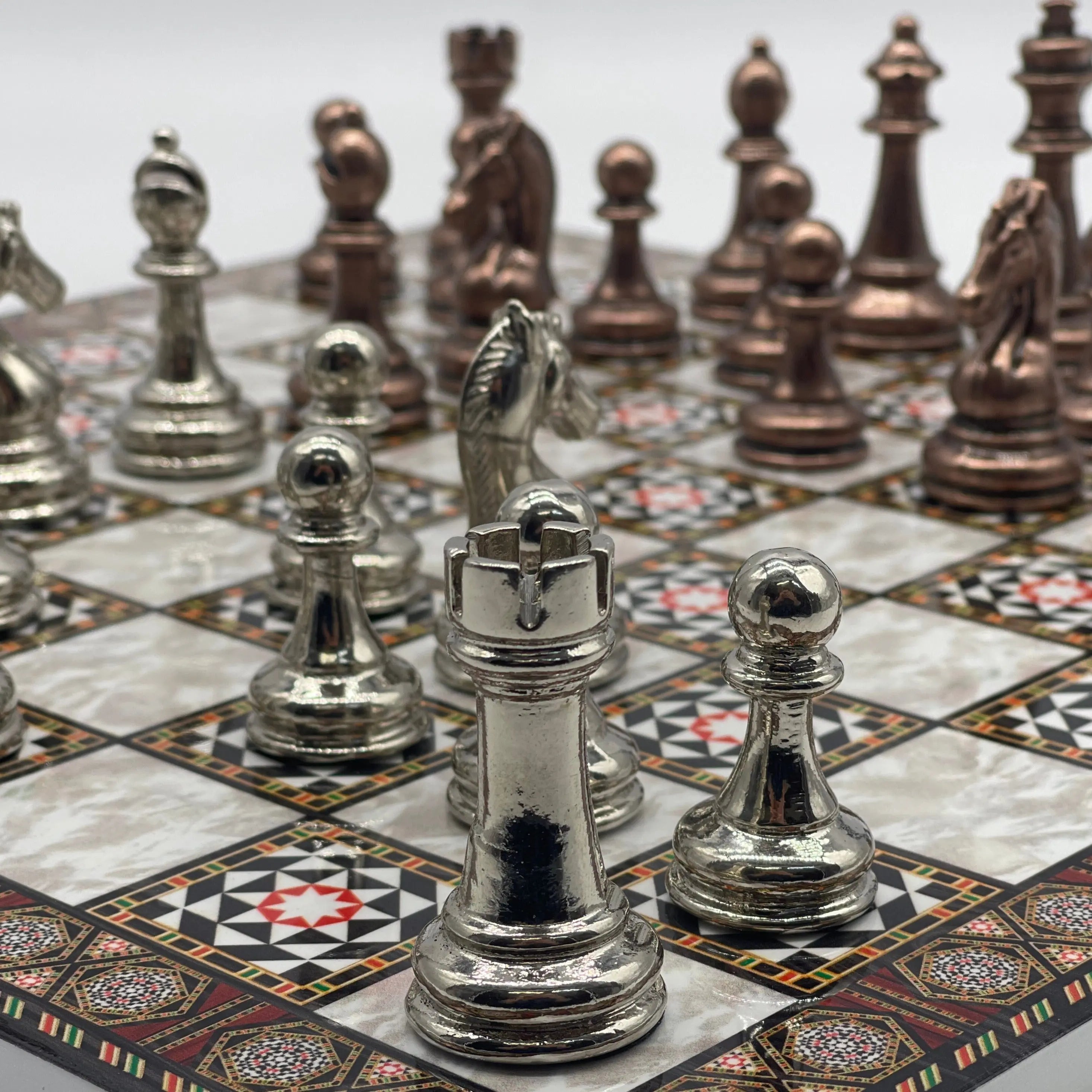 14.5" Handmade Mosaic Marble Pattern Classic Metal Pieces With Chess Set