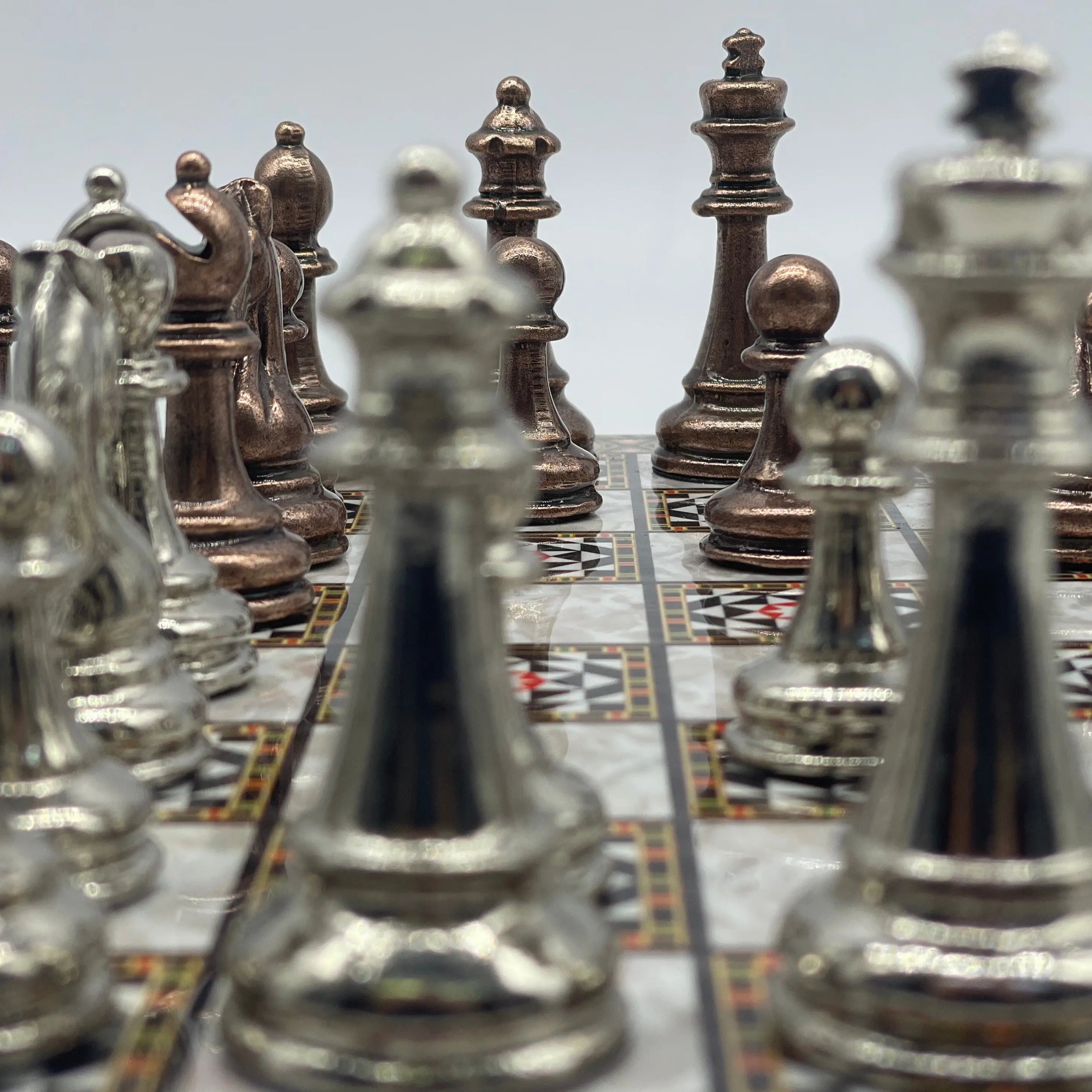 14.5" Handmade Mosaic Marble Pattern Classic Metal Pieces With Chess Set