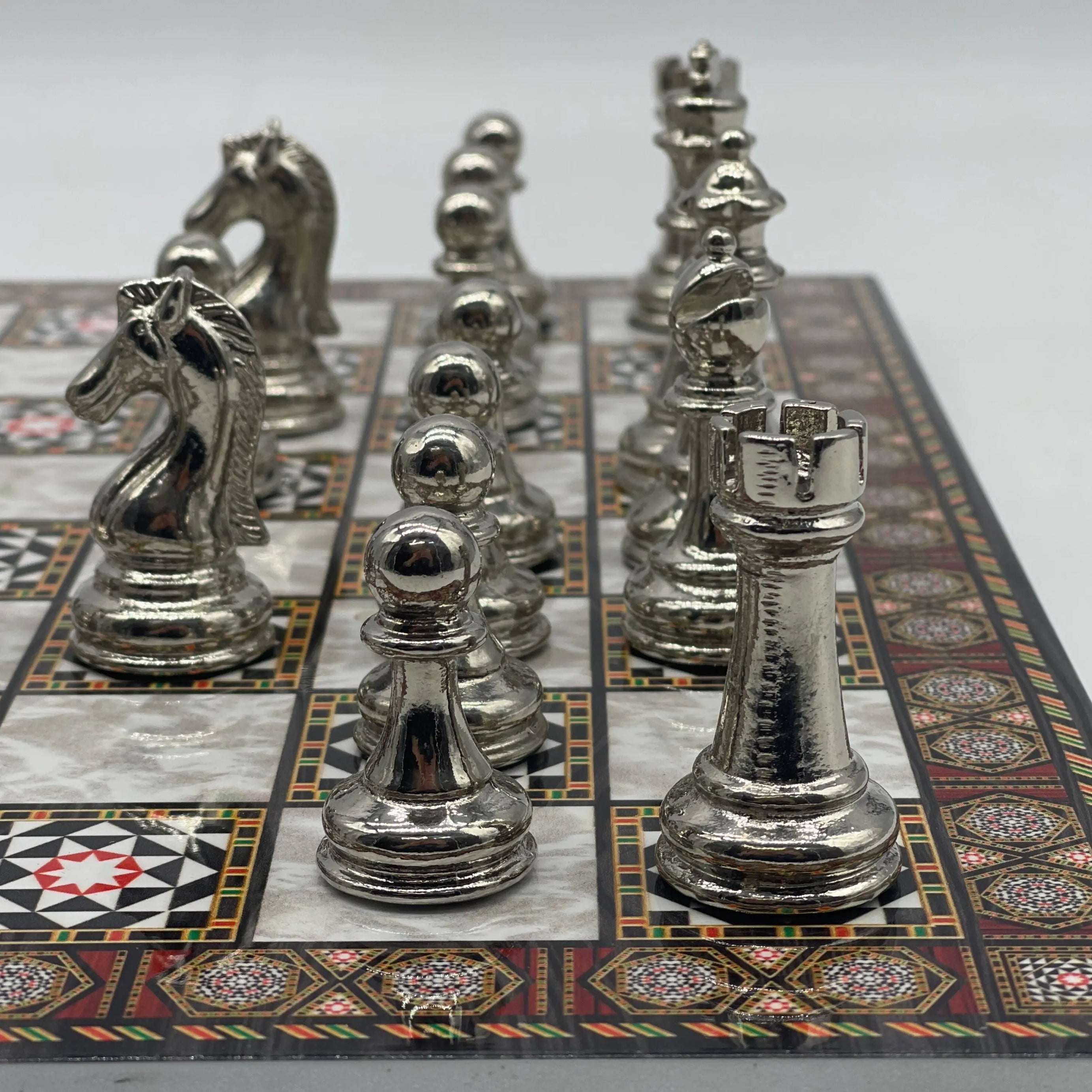 14.5" Handmade Mosaic Marble Pattern Classic Metal Pieces With Chess Set