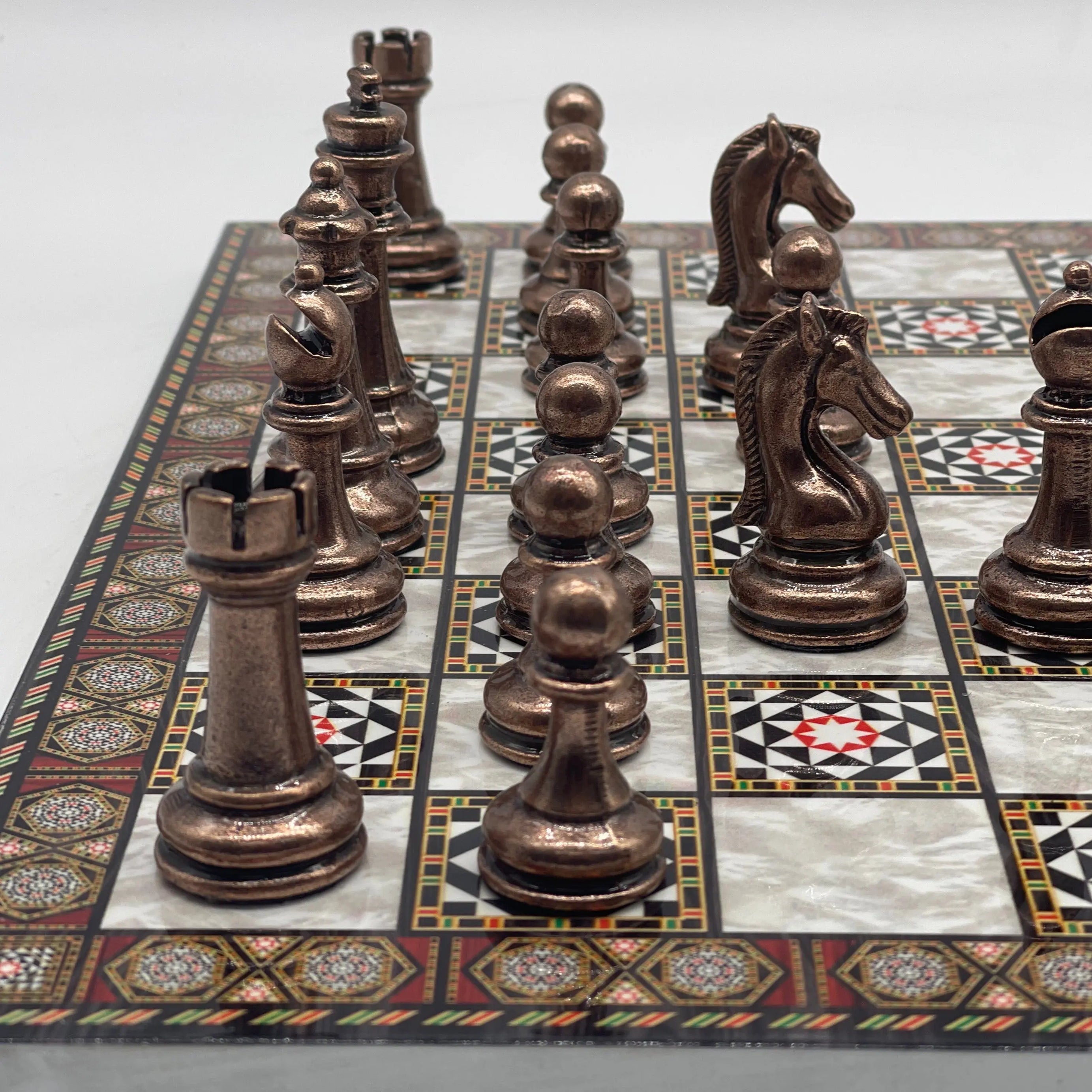14.5" Handmade Mosaic Marble Pattern Classic Metal Pieces With Chess Set