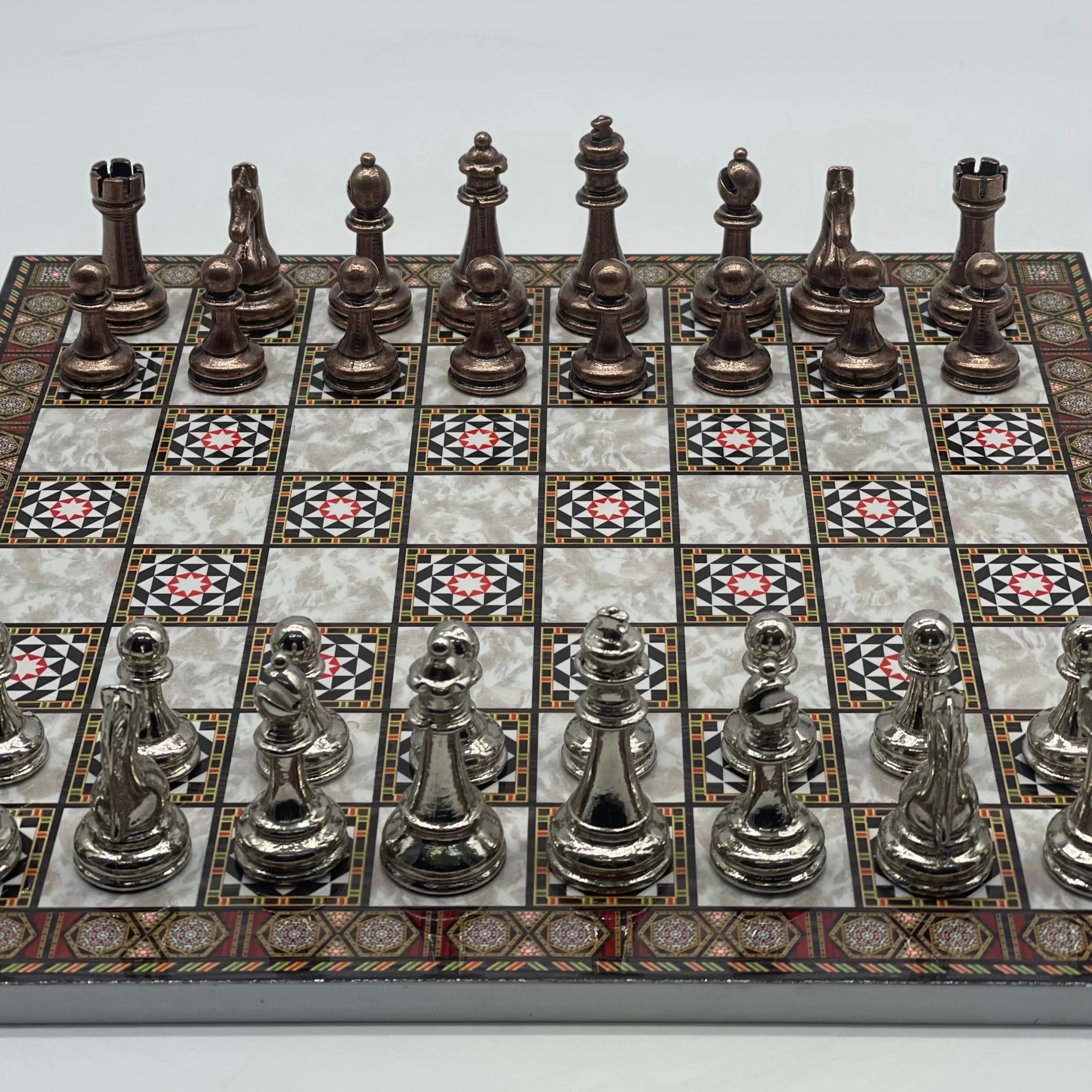 14.5" Handmade Mosaic Marble Pattern Classic Metal Pieces With Chess Set