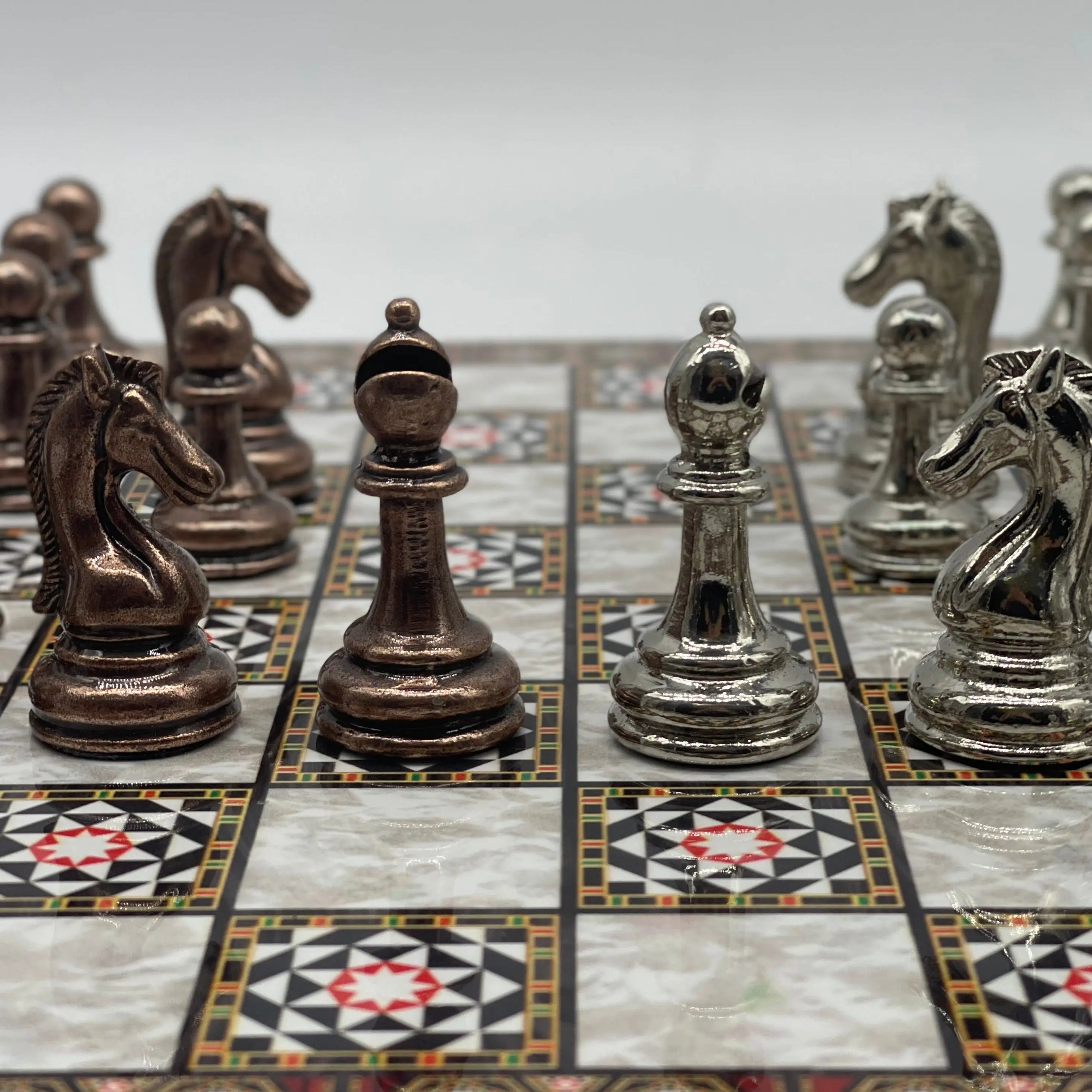 14.5" Handmade Mosaic Marble Pattern Classic Metal Pieces With Chess Set