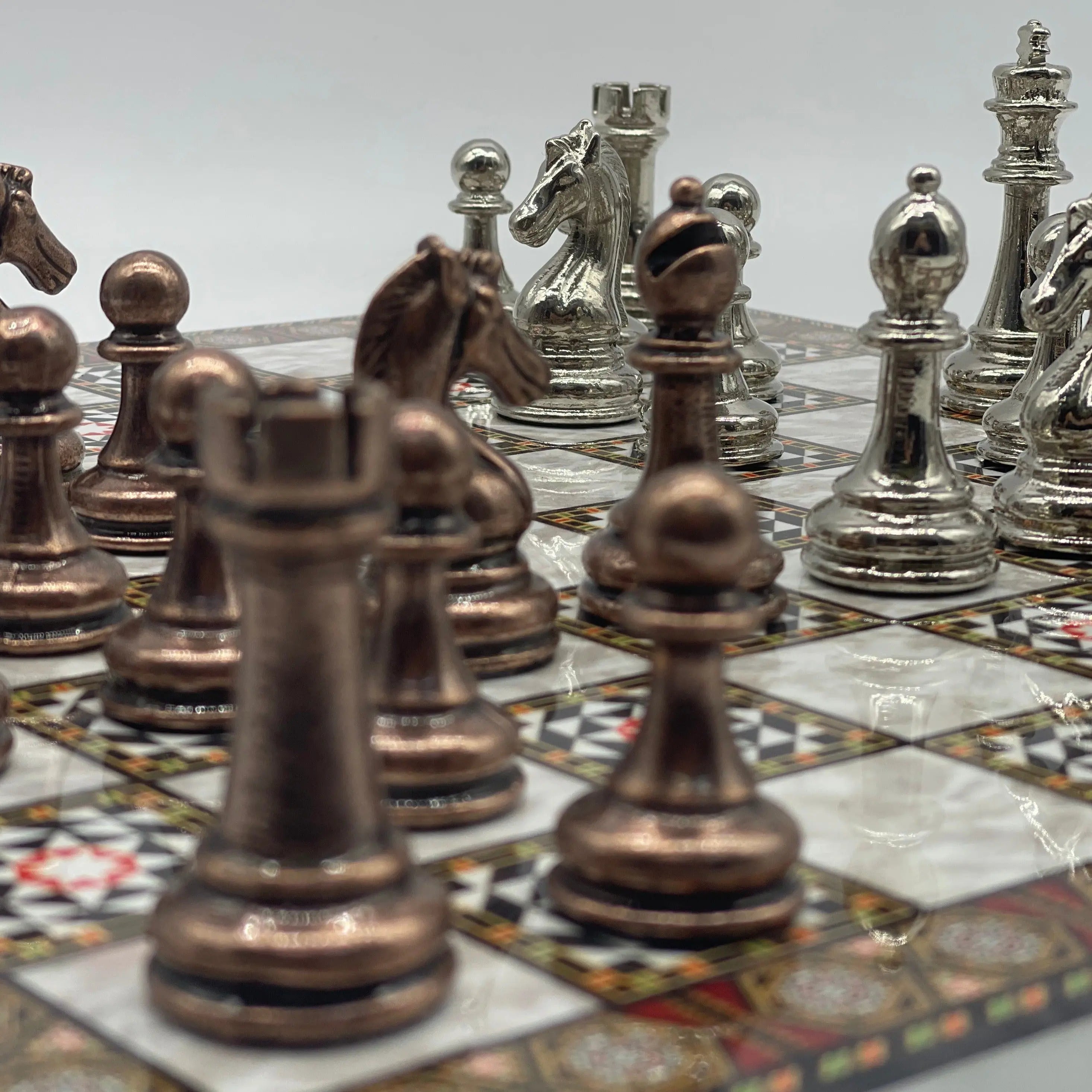 14.5" Handmade Mosaic Marble Pattern Classic Metal Pieces With Chess Set