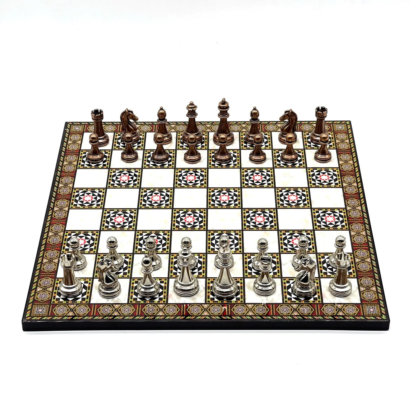 14" Mosaic Marble Patterned Chess Set With Classic Metal Chess Pieces