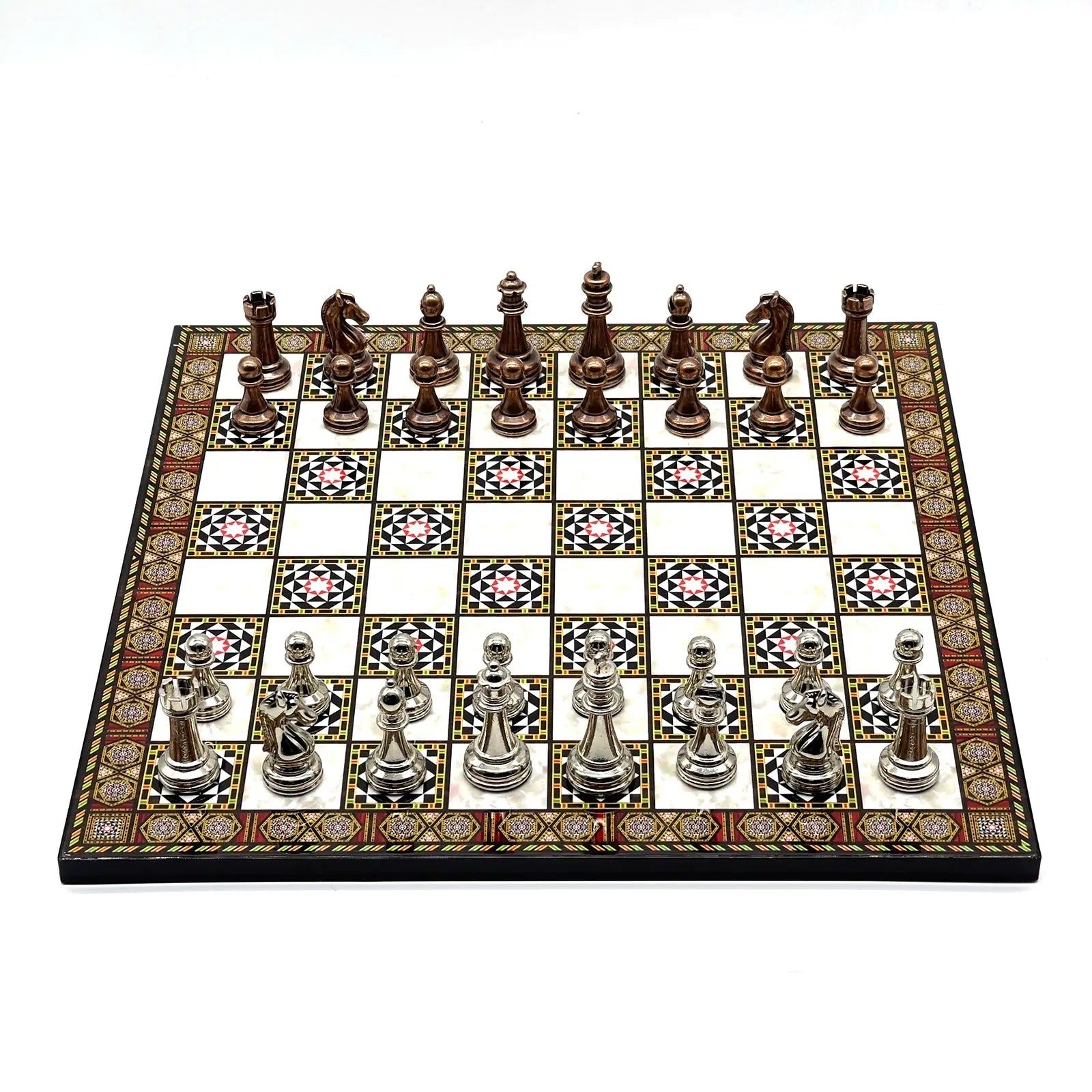 14" Mosaic Marble Patterned Chess Set With Classic Metal Chess Pieces