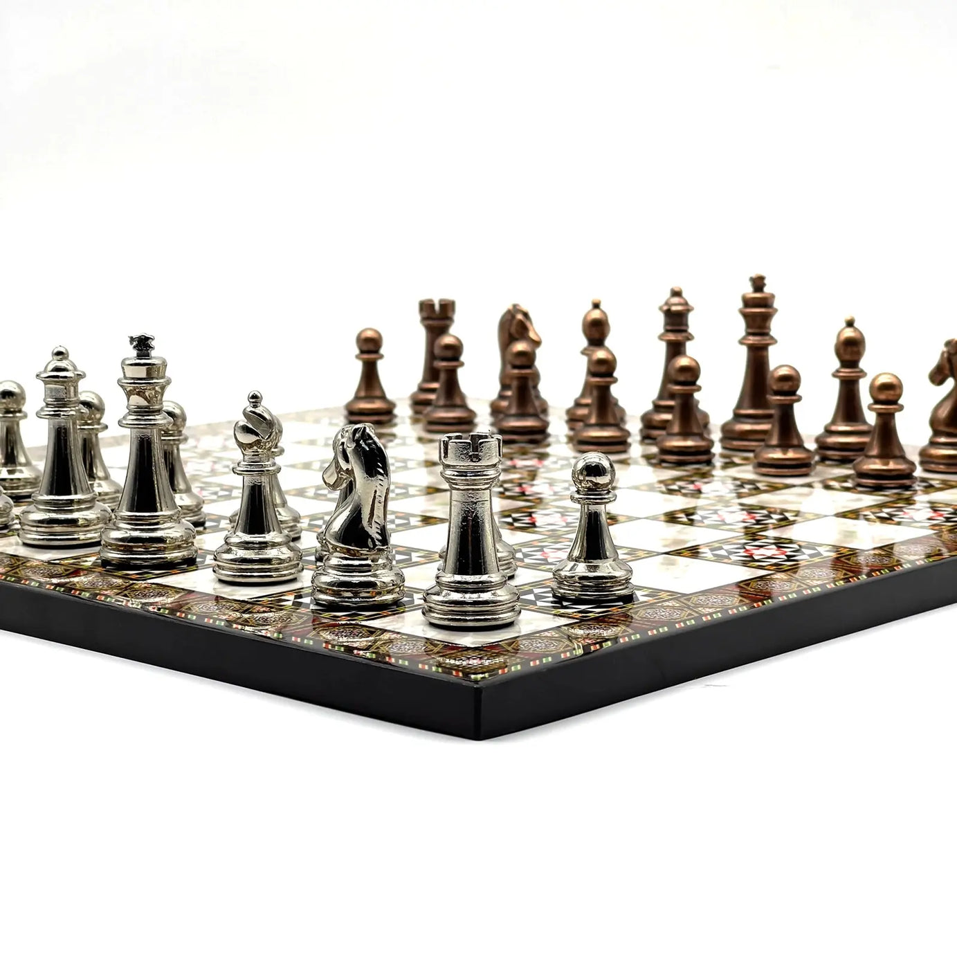 14" Mosaic Marble Patterned Chess Set With Classic Metal Chess Pieces