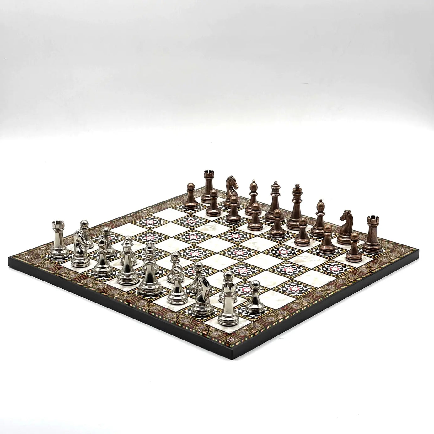 14" Mosaic Marble Patterned Chess Set With Classic Metal Chess Pieces