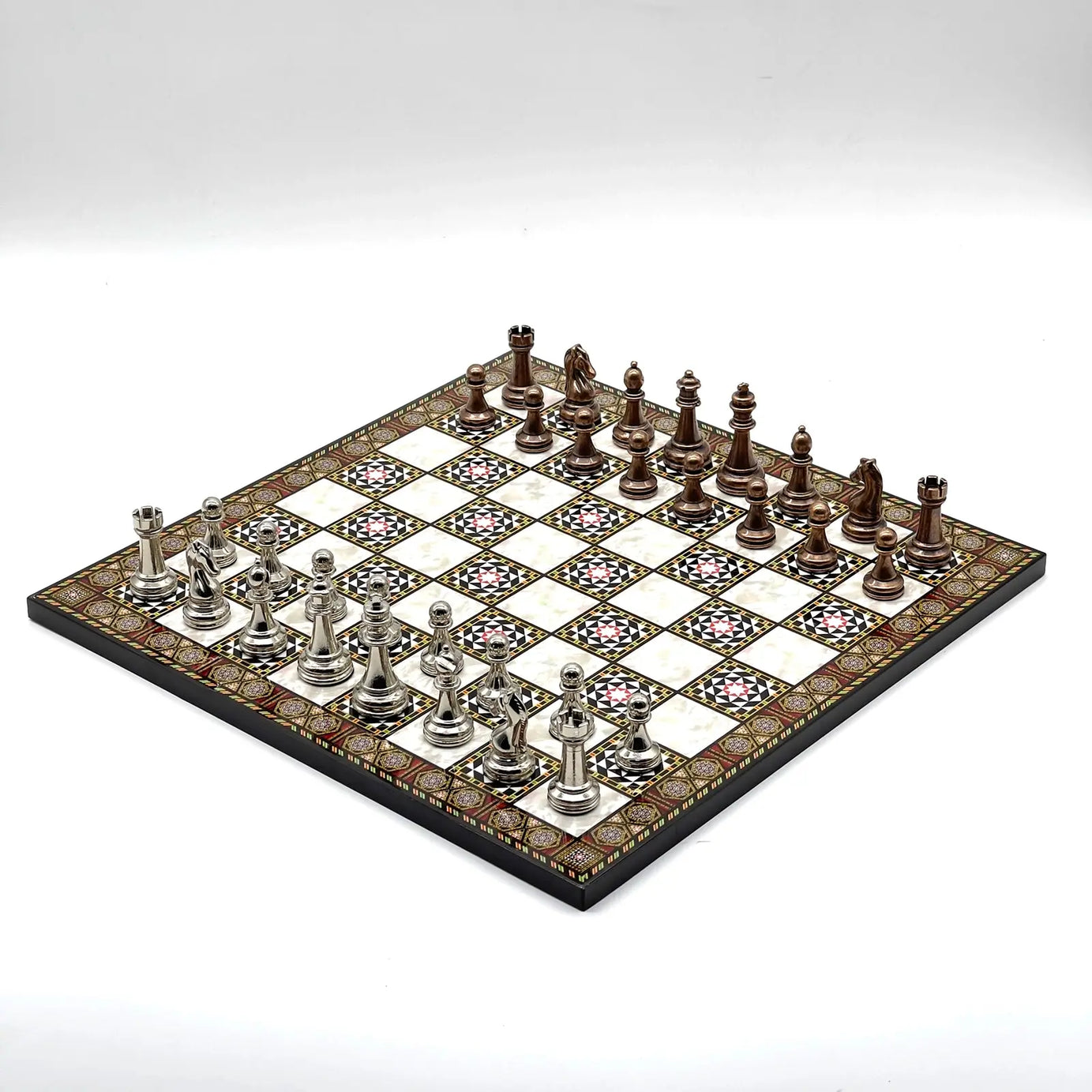 14" Mosaic Marble Patterned Chess Set With Classic Metal Chess Pieces