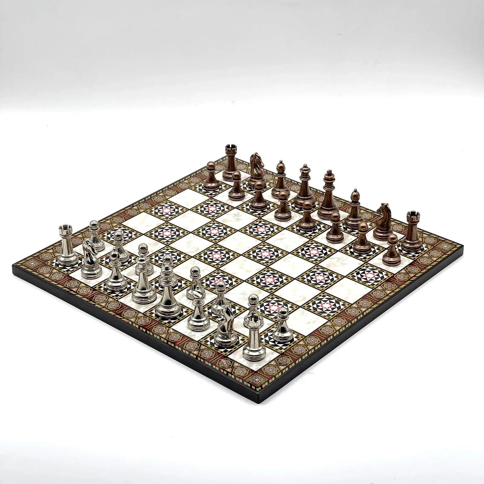14" Mosaic Marble Patterned Chess Set With Classic Metal Chess Pieces