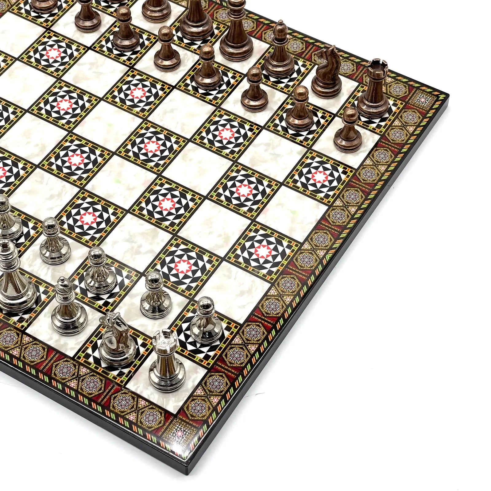 14" Mosaic Marble Patterned Chess Set With Classic Metal Chess Pieces