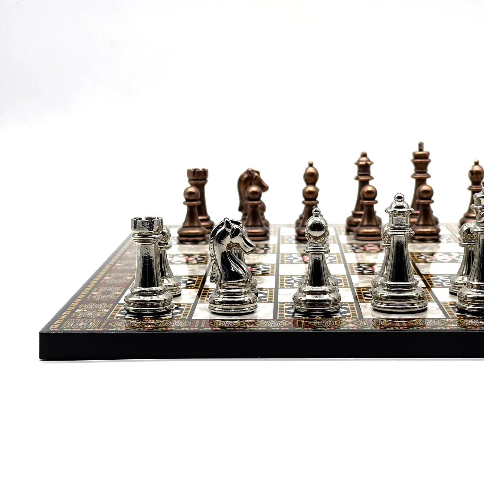 14" Mosaic Marble Patterned Chess Set With Classic Metal Chess Pieces