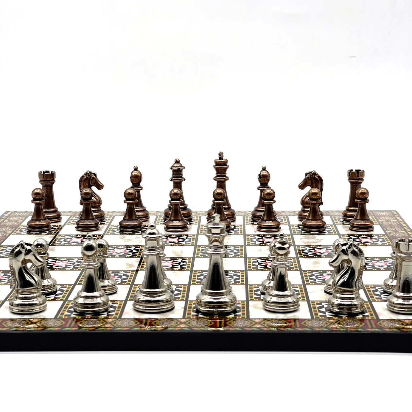 14" Mosaic Marble Patterned Chess Set With Classic Metal Chess Pieces