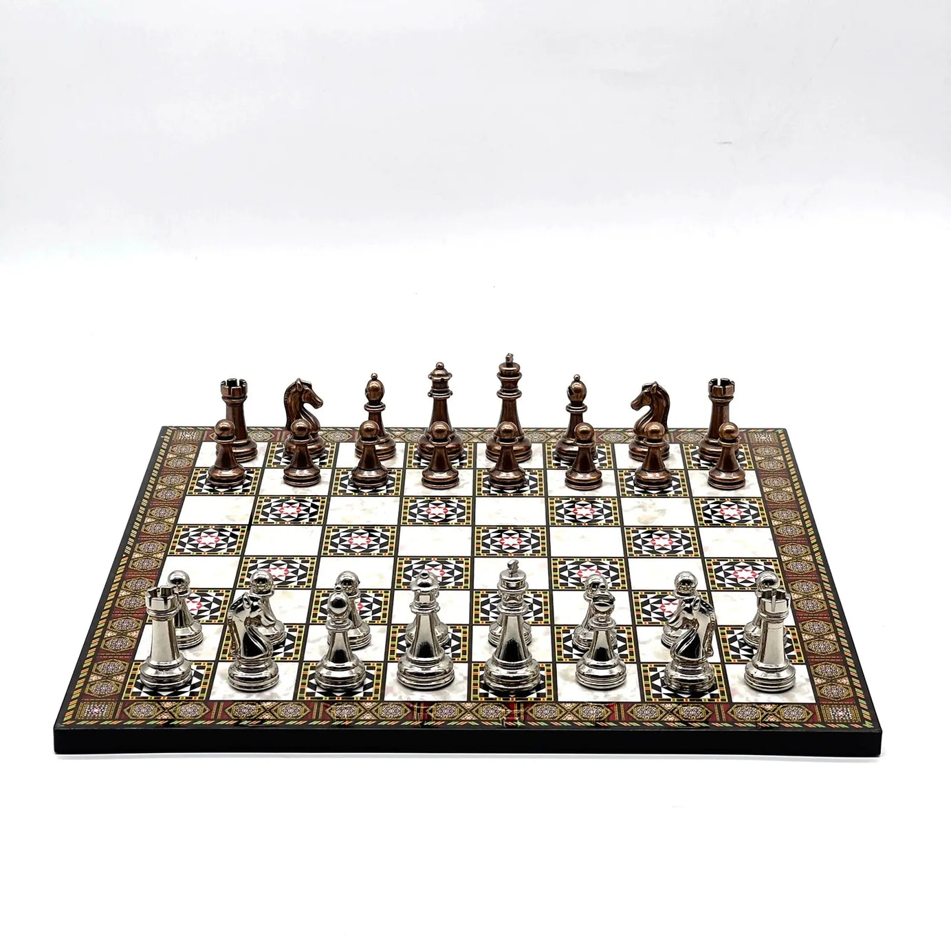14" Mosaic Marble Patterned Chess Set With Classic Metal Chess Pieces