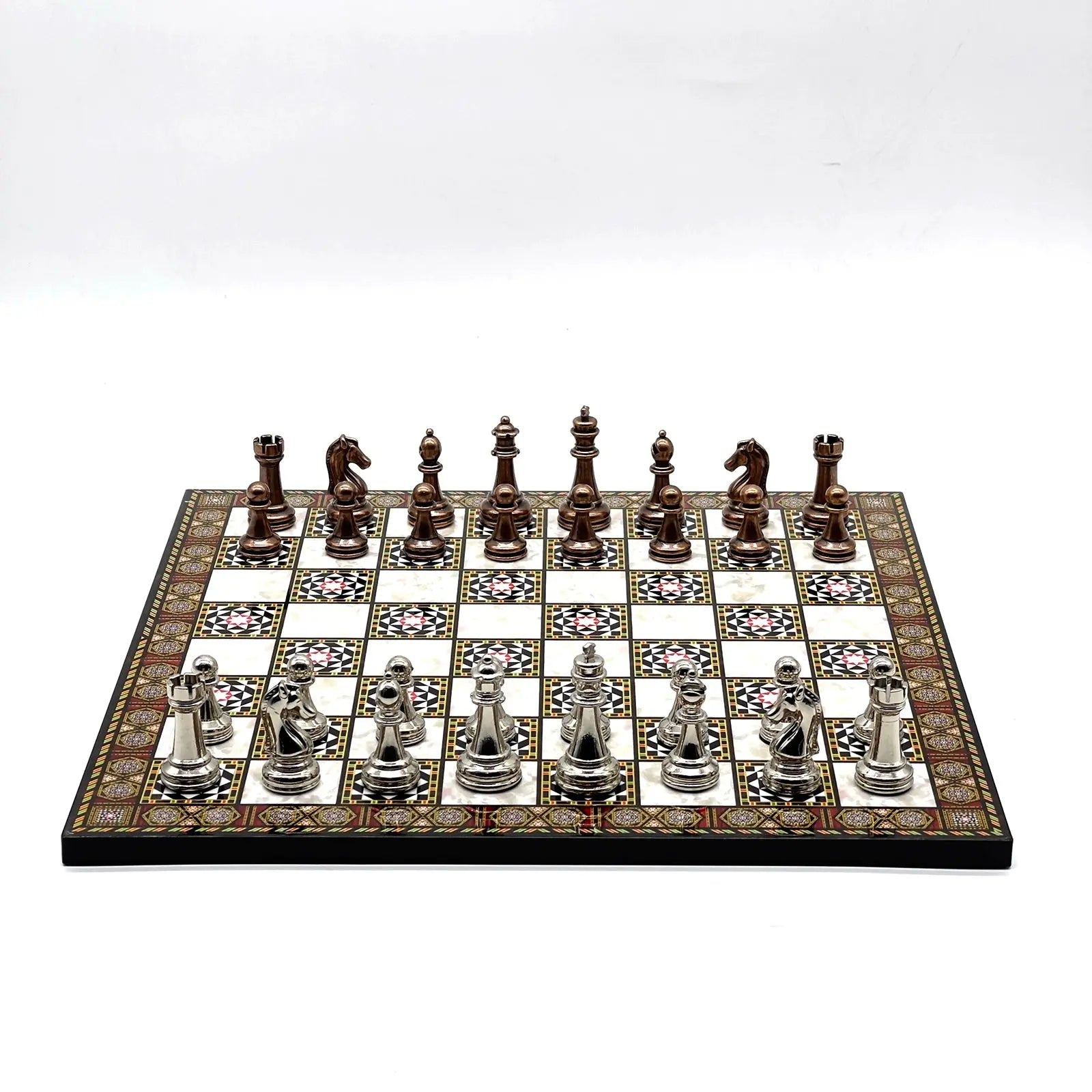 14" Mosaic Marble Patterned Chess Set With Classic Metal Chess Pieces