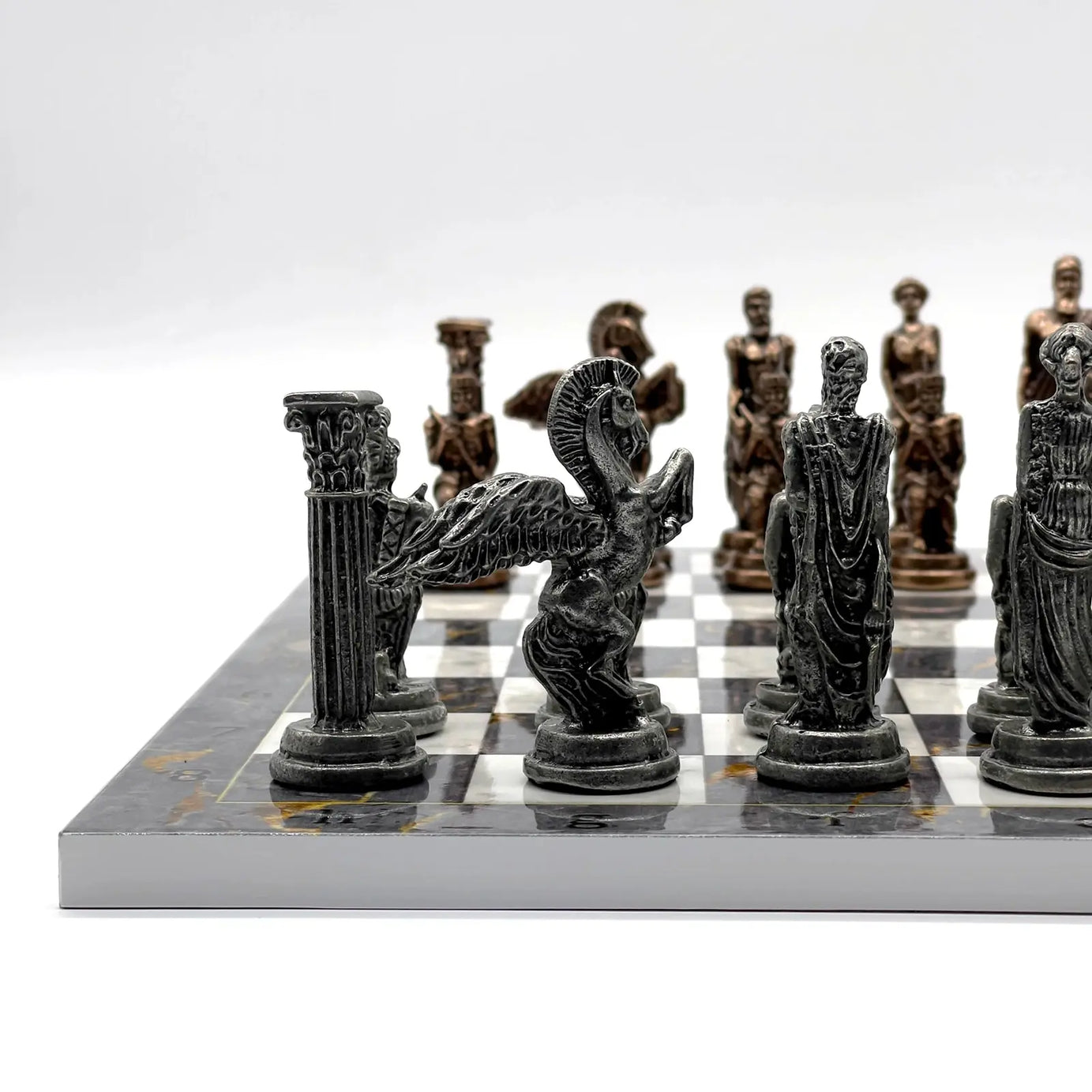 14" Gray Marble Pattern Chess Set With Pegasus Metal Chess Pieces