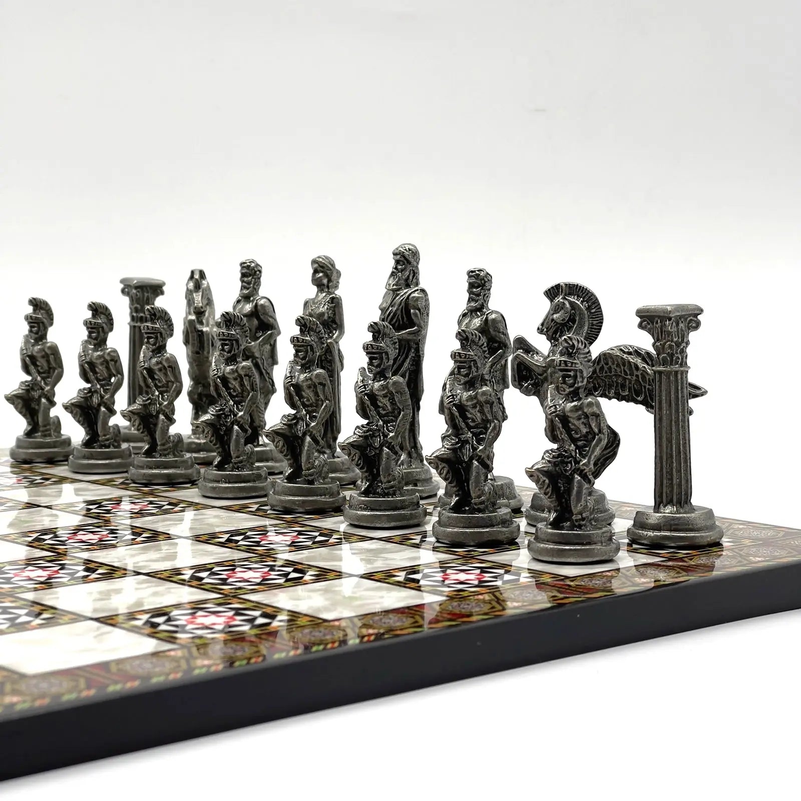 14" Mosaic Marble Patterned Chess Set With Pegasus Metal Chess Pieces asyawoodart