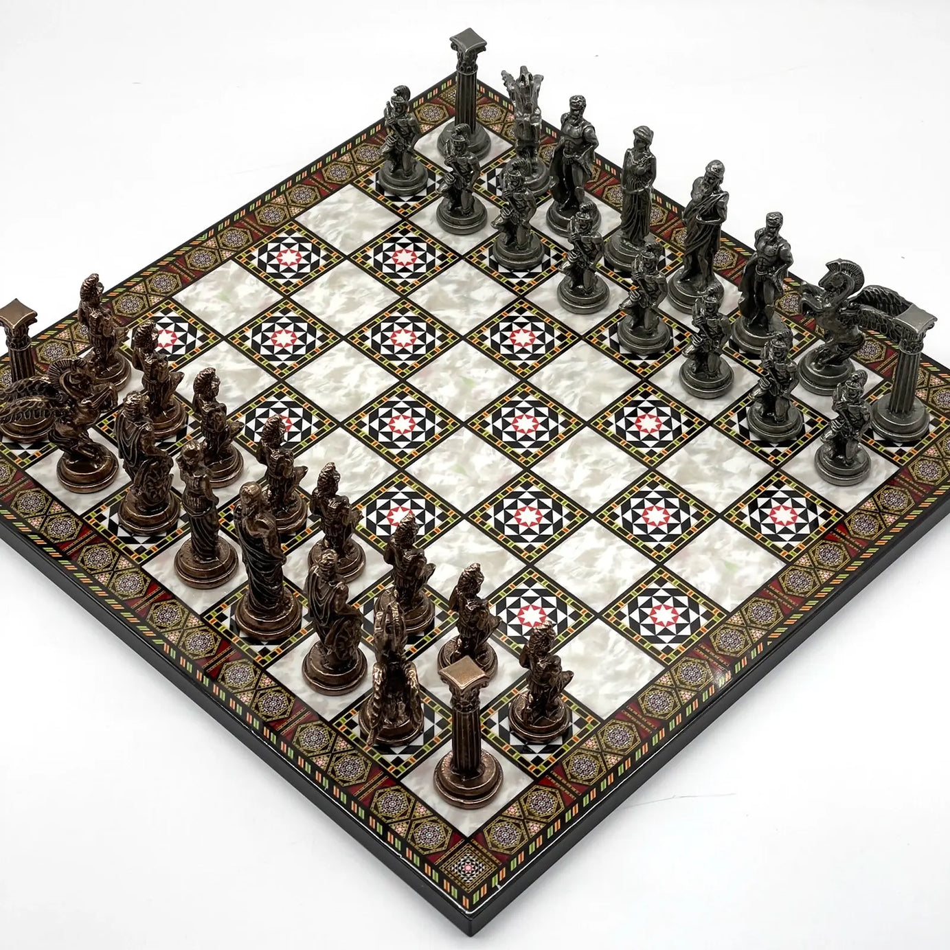 14" Mosaic Marble Patterned Chess Set With Pegasus Metal Chess Pieces asyawoodart
