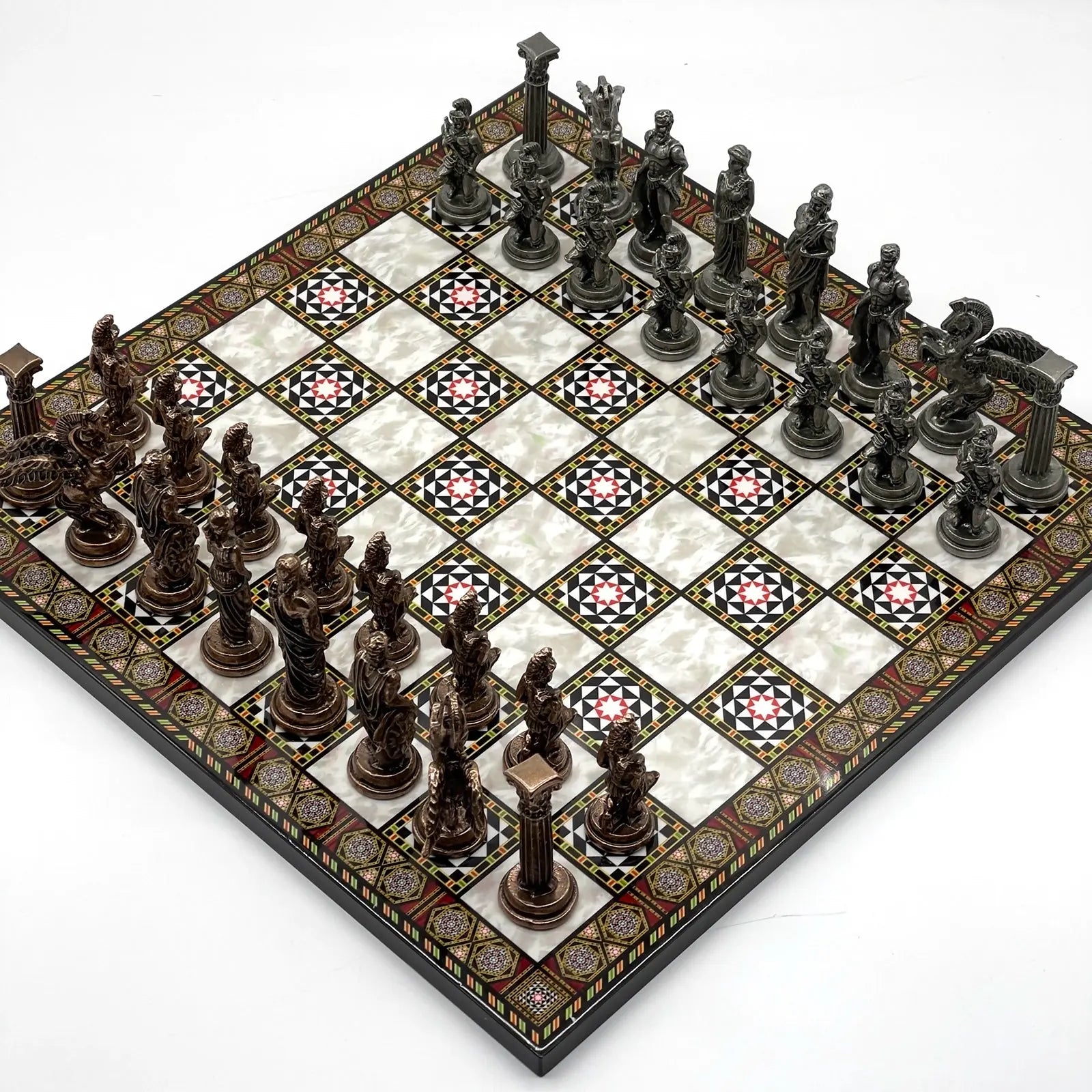 14" Mosaic Marble Patterned Chess Set With Pegasus Metal Chess Pieces asyawoodart