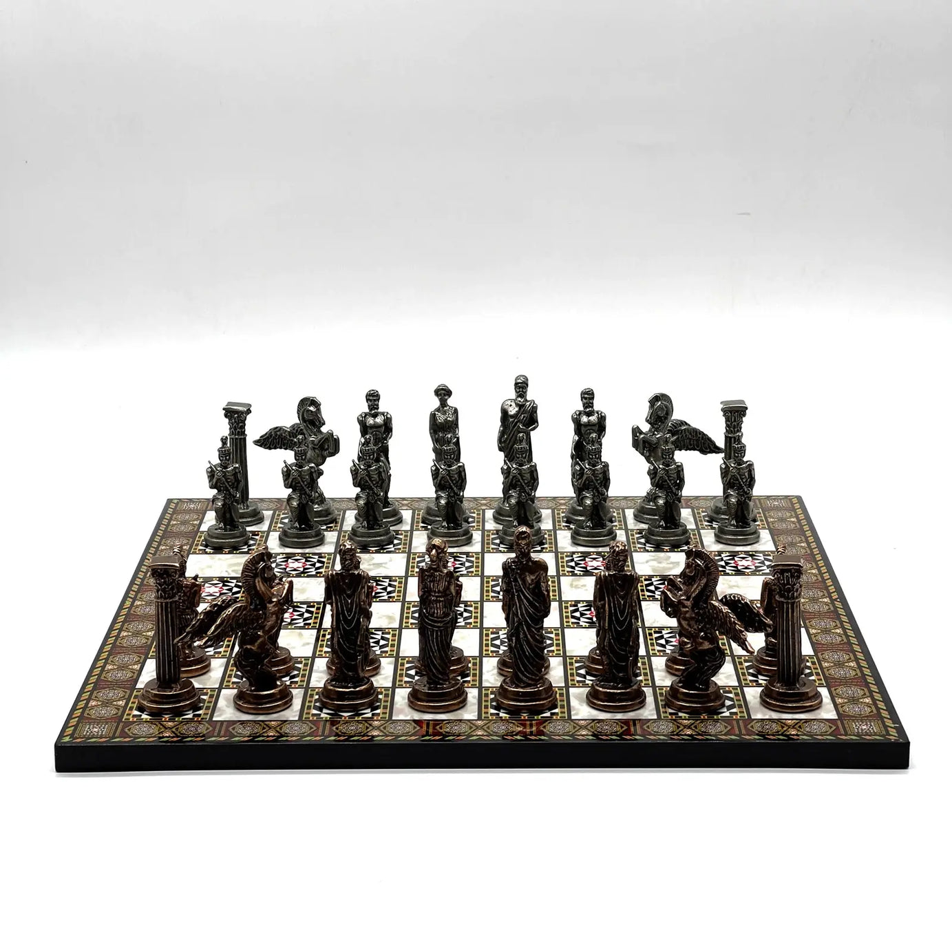 14" Mosaic Marble Patterned Chess Set With Pegasus Metal Chess Pieces asyawoodart