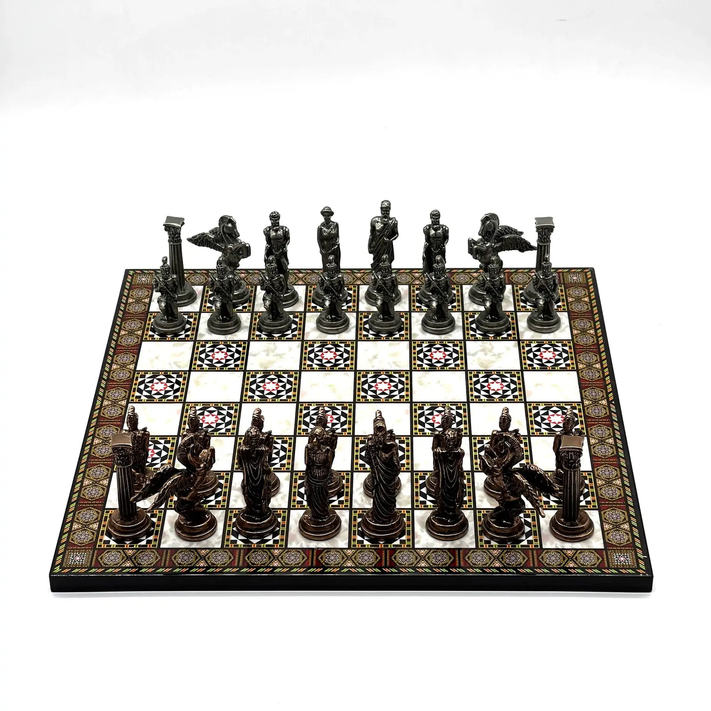 14" Mosaic Marble Patterned Chess Set With Pegasus Metal Chess Pieces asyawoodart