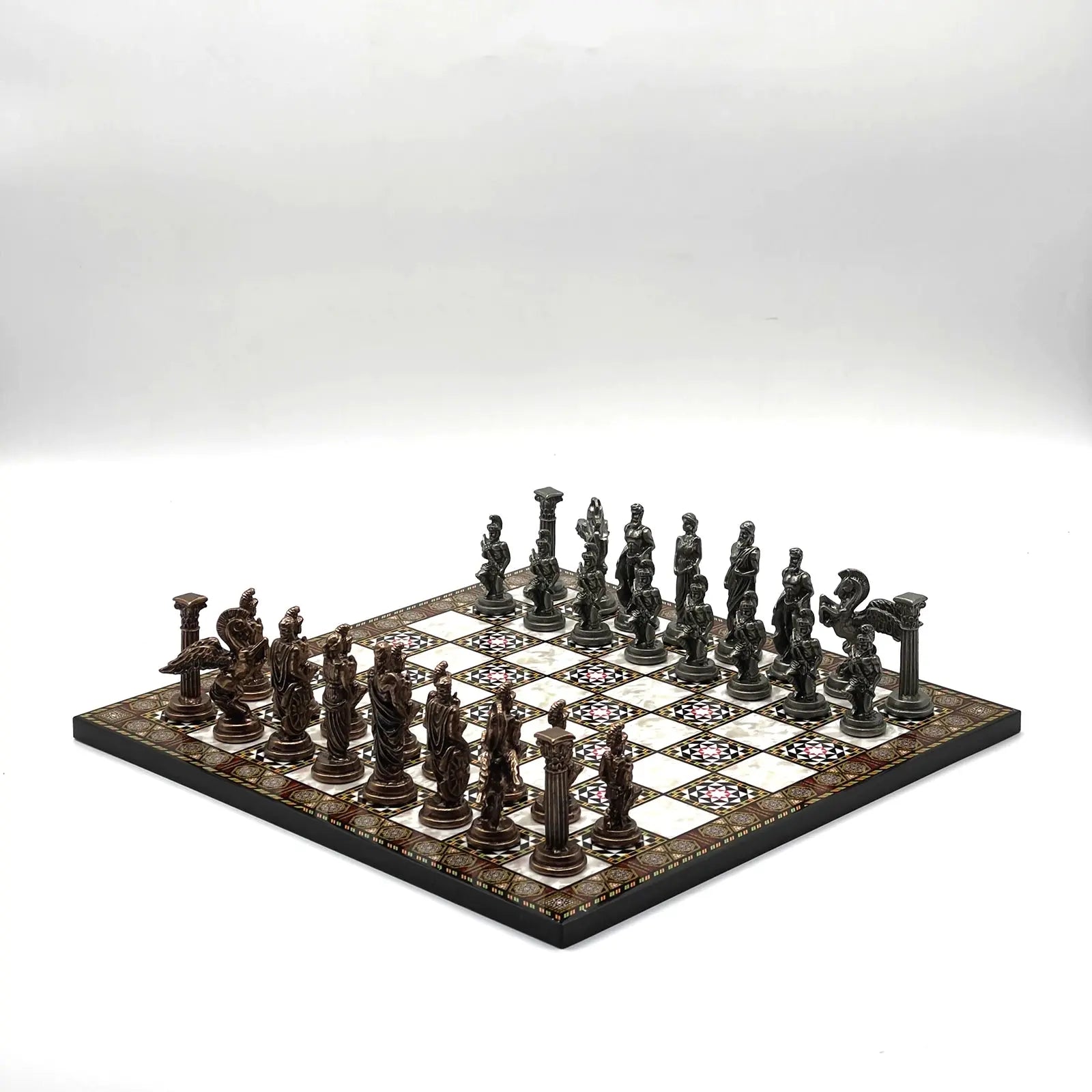 14" Mosaic Marble Patterned Chess Set With Pegasus Metal Chess Pieces asyawoodart