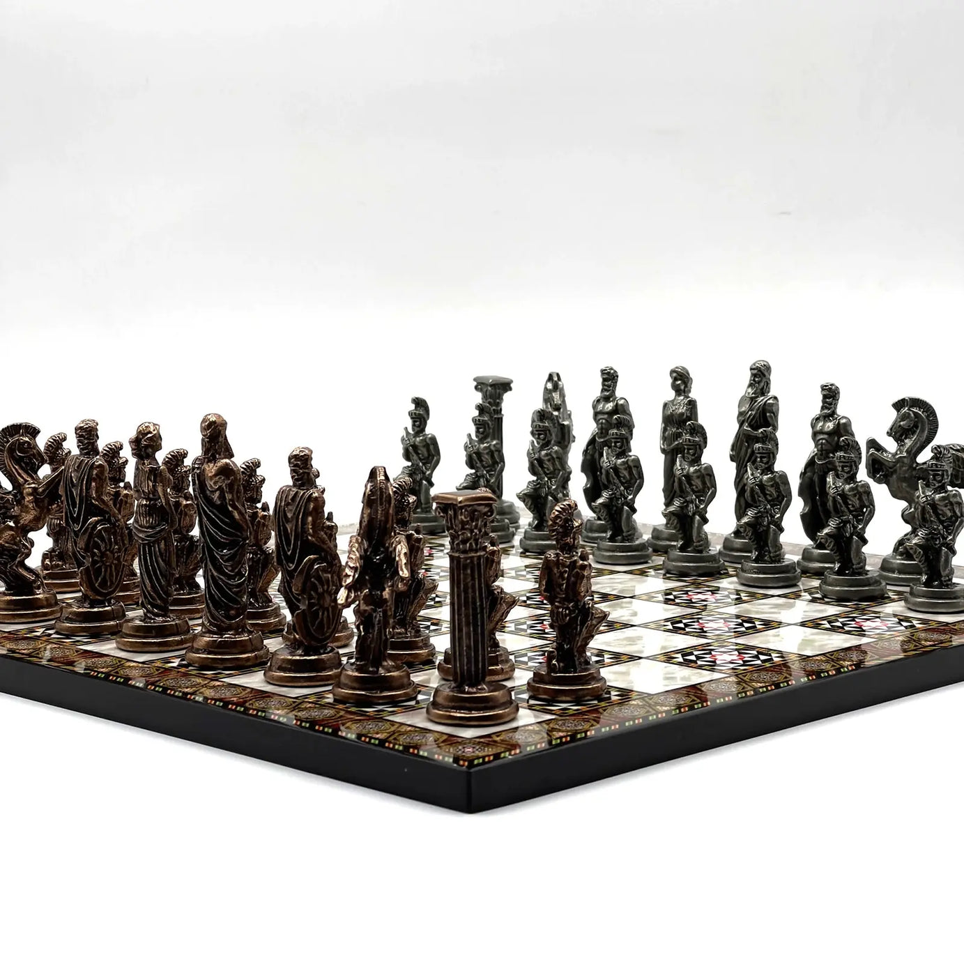 14" Mosaic Marble Patterned Chess Set With Pegasus Metal Chess Pieces asyawoodart