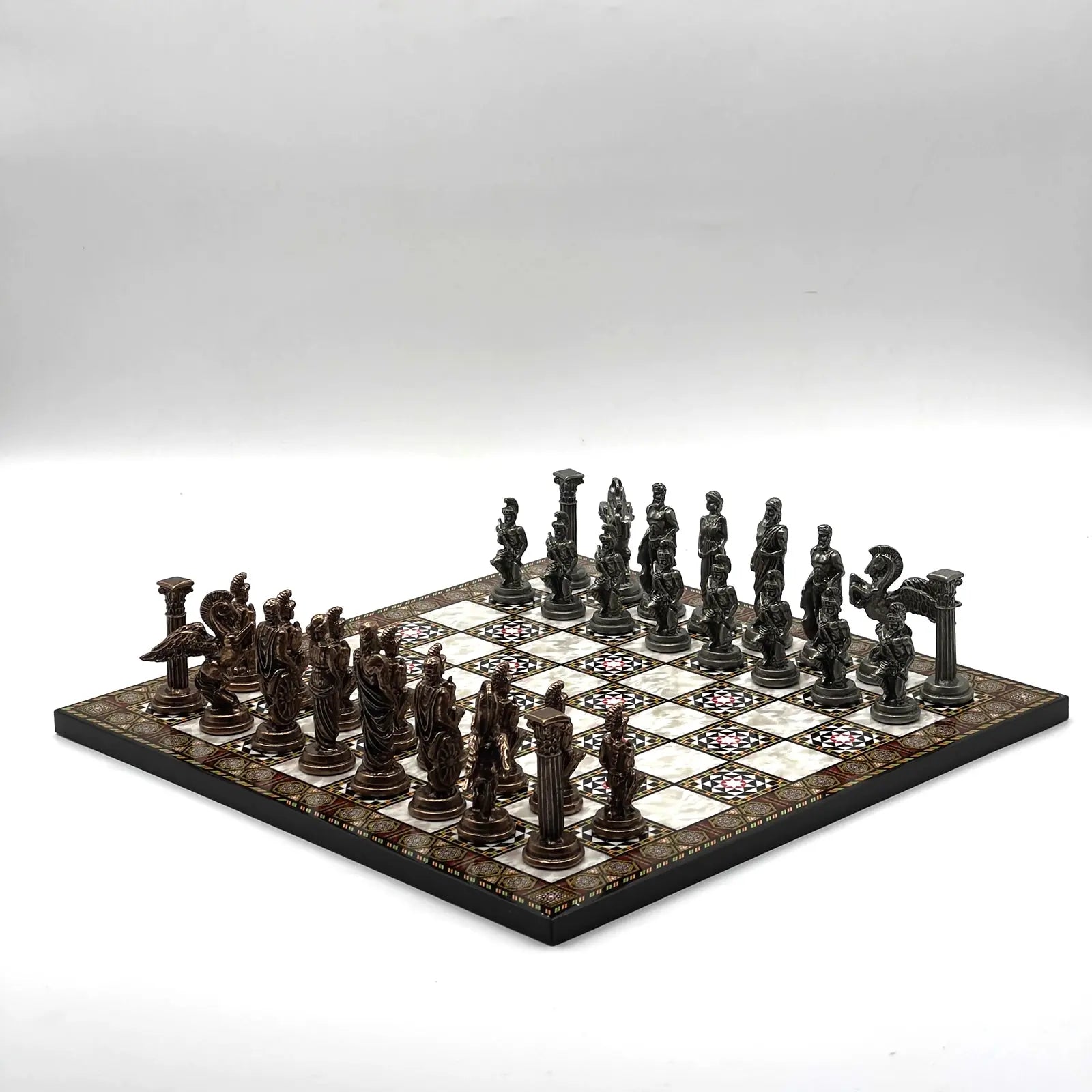 14" Mosaic Marble Patterned Chess Set With Pegasus Metal Chess Pieces asyawoodart