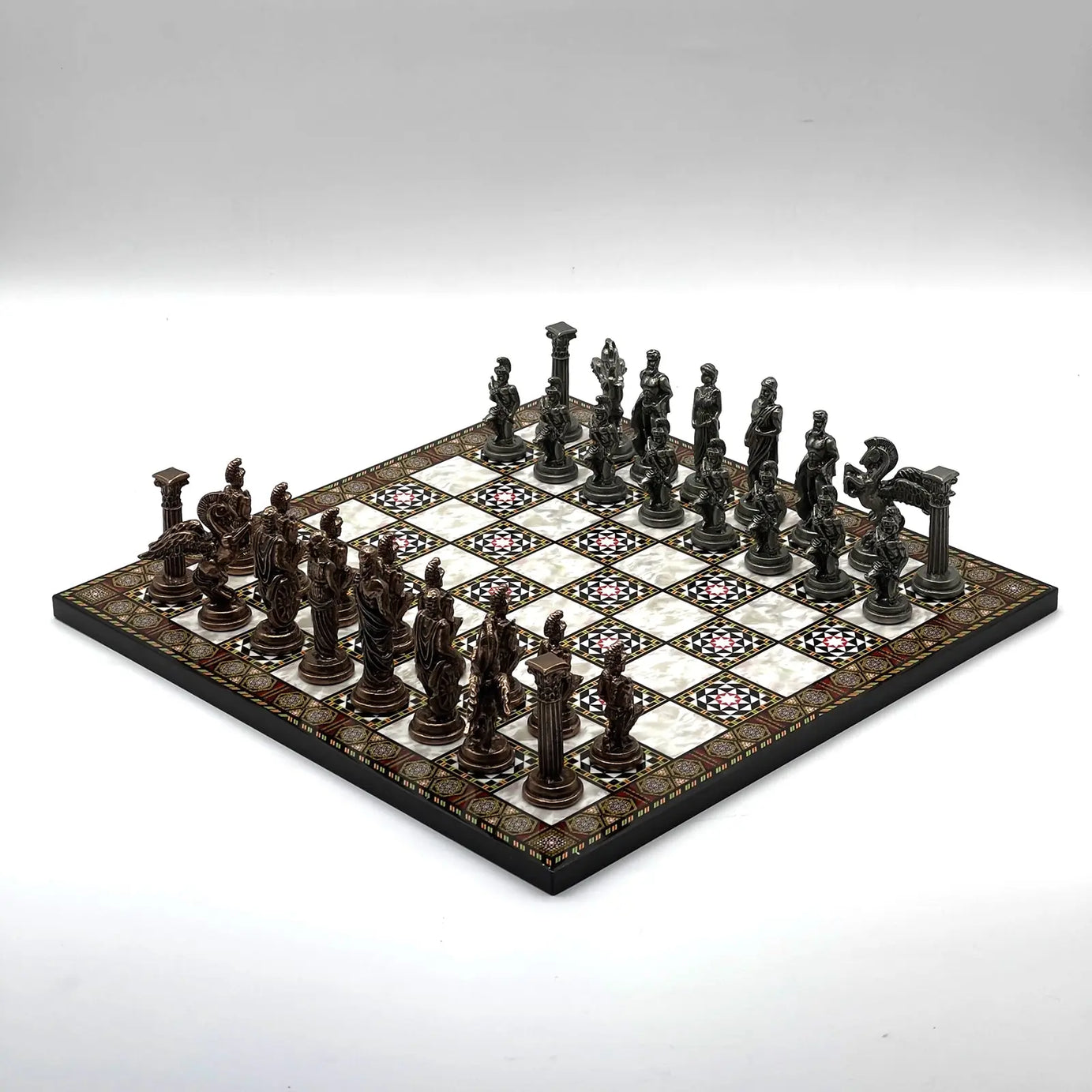 14" Mosaic Marble Patterned Chess Set With Pegasus Metal Chess Pieces asyawoodart