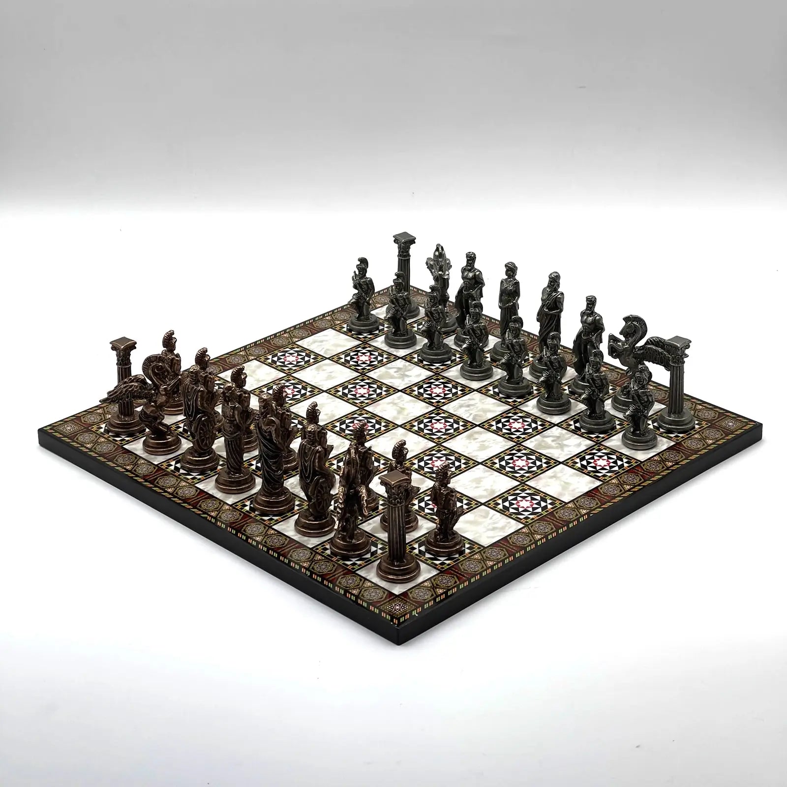 14" Mosaic Marble Patterned Chess Set With Pegasus Metal Chess Pieces asyawoodart