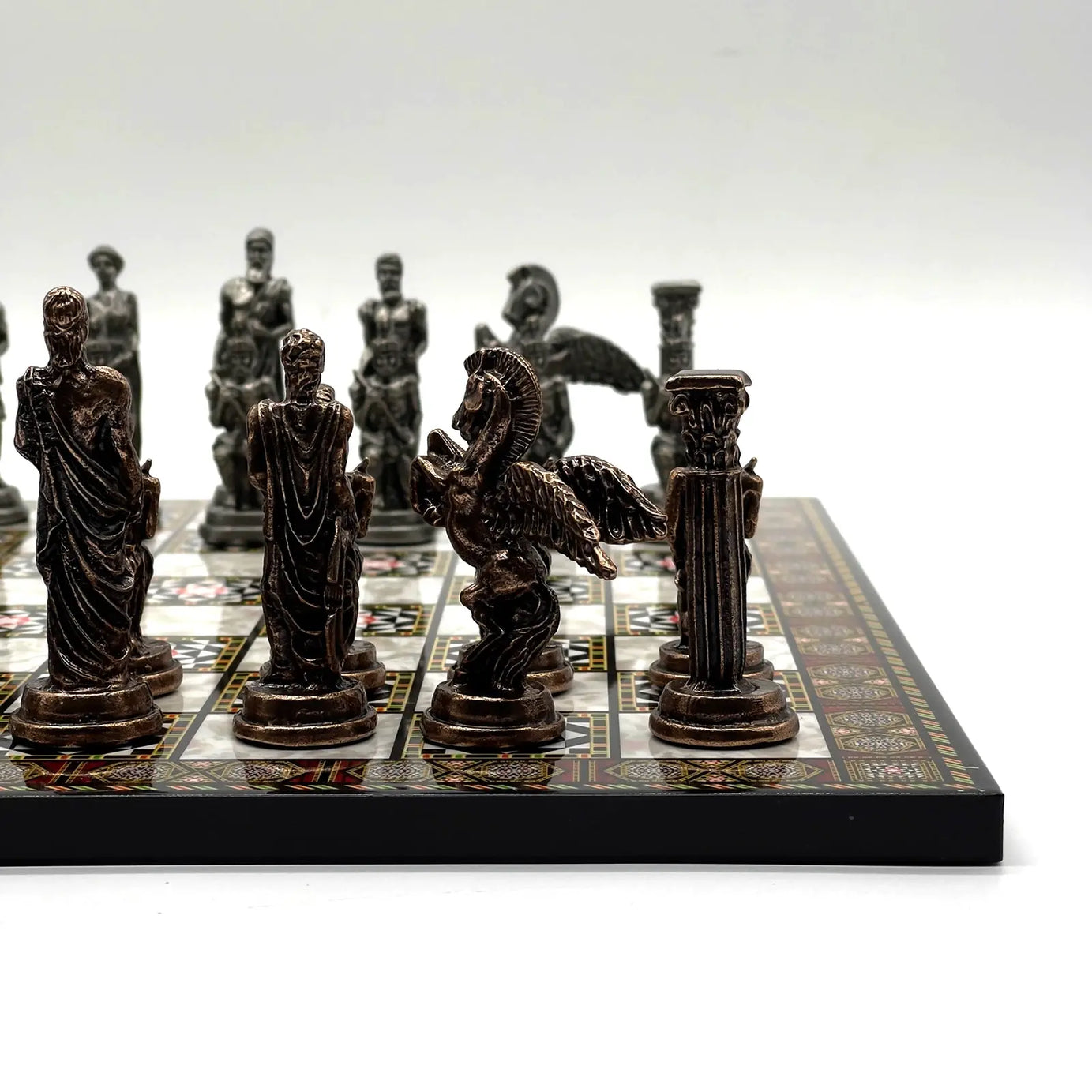 14" Mosaic Marble Patterned Chess Set With Pegasus Metal Chess Pieces asyawoodart