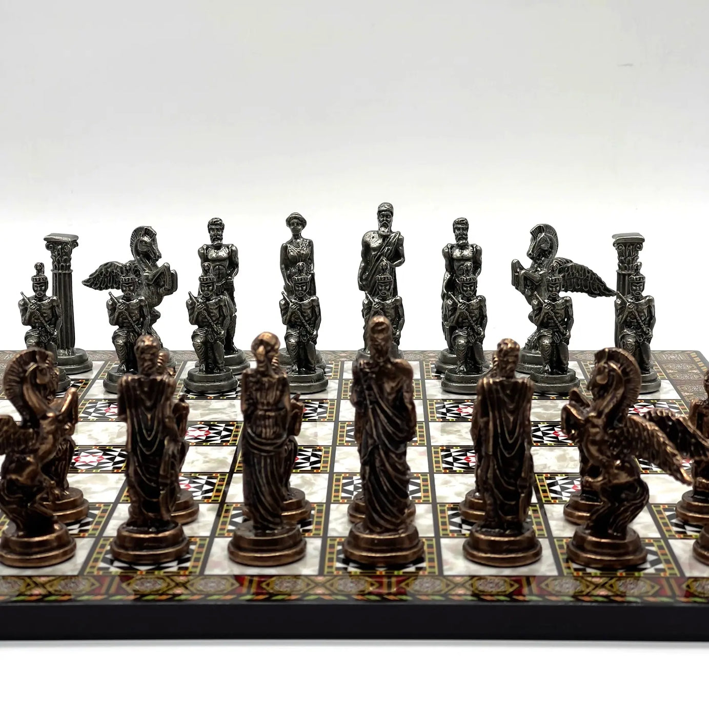 14" Mosaic Marble Patterned Chess Set With Pegasus Metal Chess Pieces asyawoodart