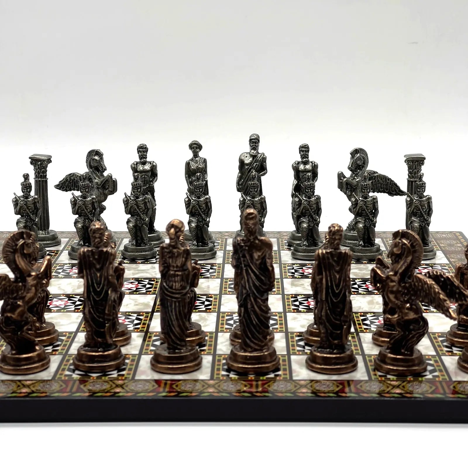 14" Mosaic Marble Patterned Chess Set With Pegasus Metal Chess Pieces asyawoodart