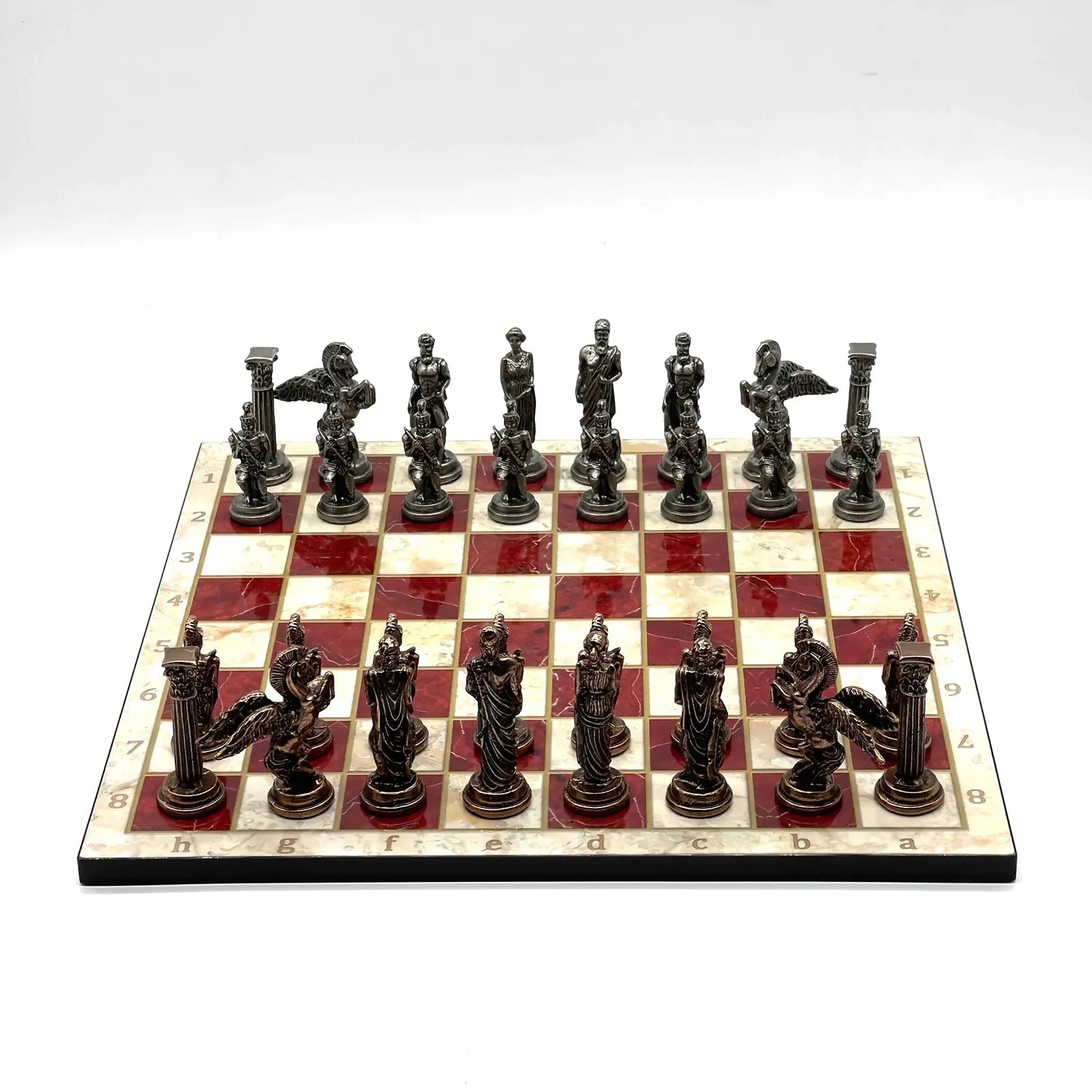 14" Red Marble Patterned Chess Set With Pegasus Metal Chess Pieces