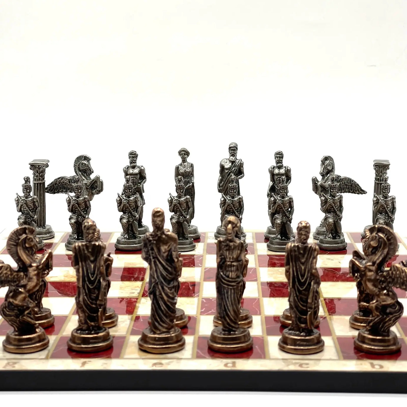 14" Red Marble Patterned Chess Set With Pegasus Metal Chess Pieces