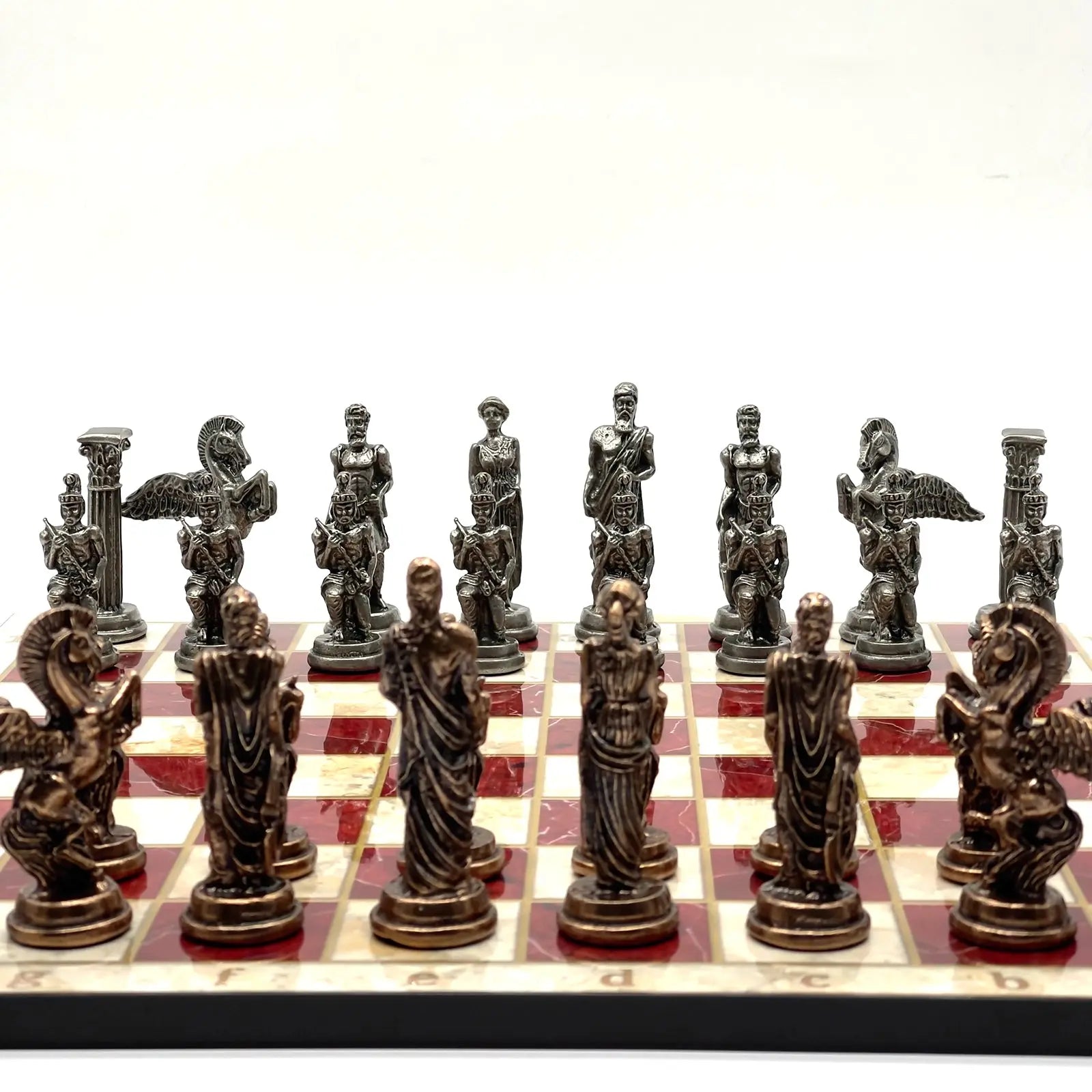 14" Red Marble Patterned Chess Set With Pegasus Metal Chess Pieces