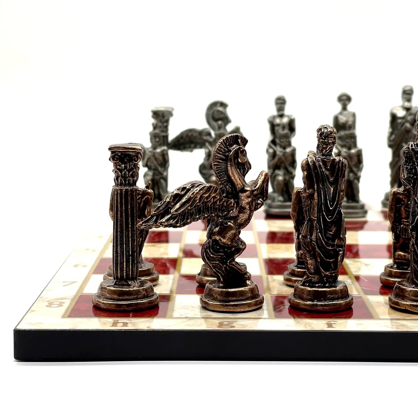 14" Red Marble Patterned Chess Set With Pegasus Metal Chess Pieces