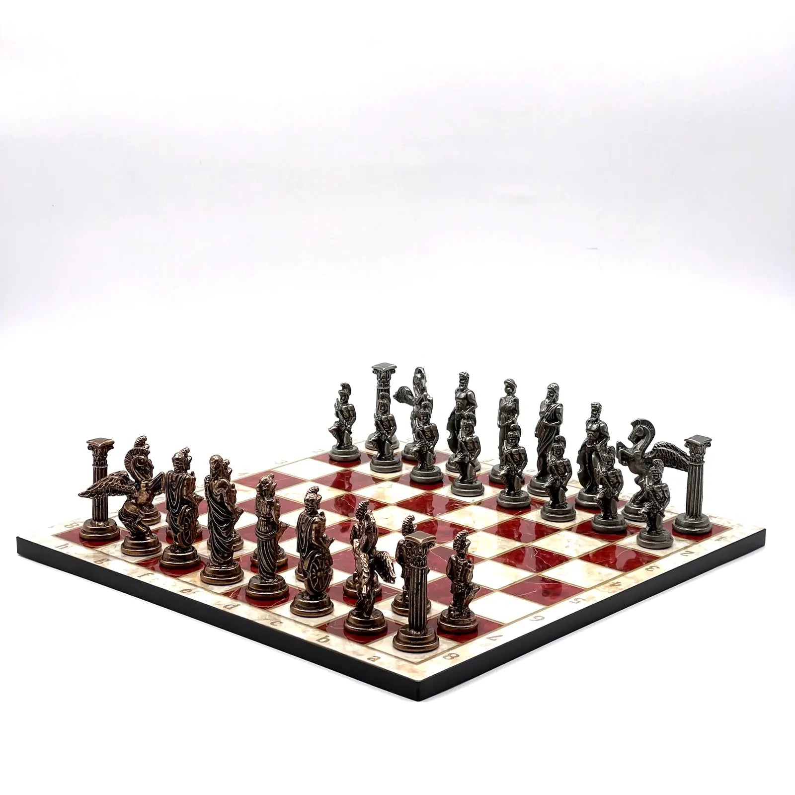14" Red Marble Patterned Chess Set With Pegasus Metal Chess Pieces