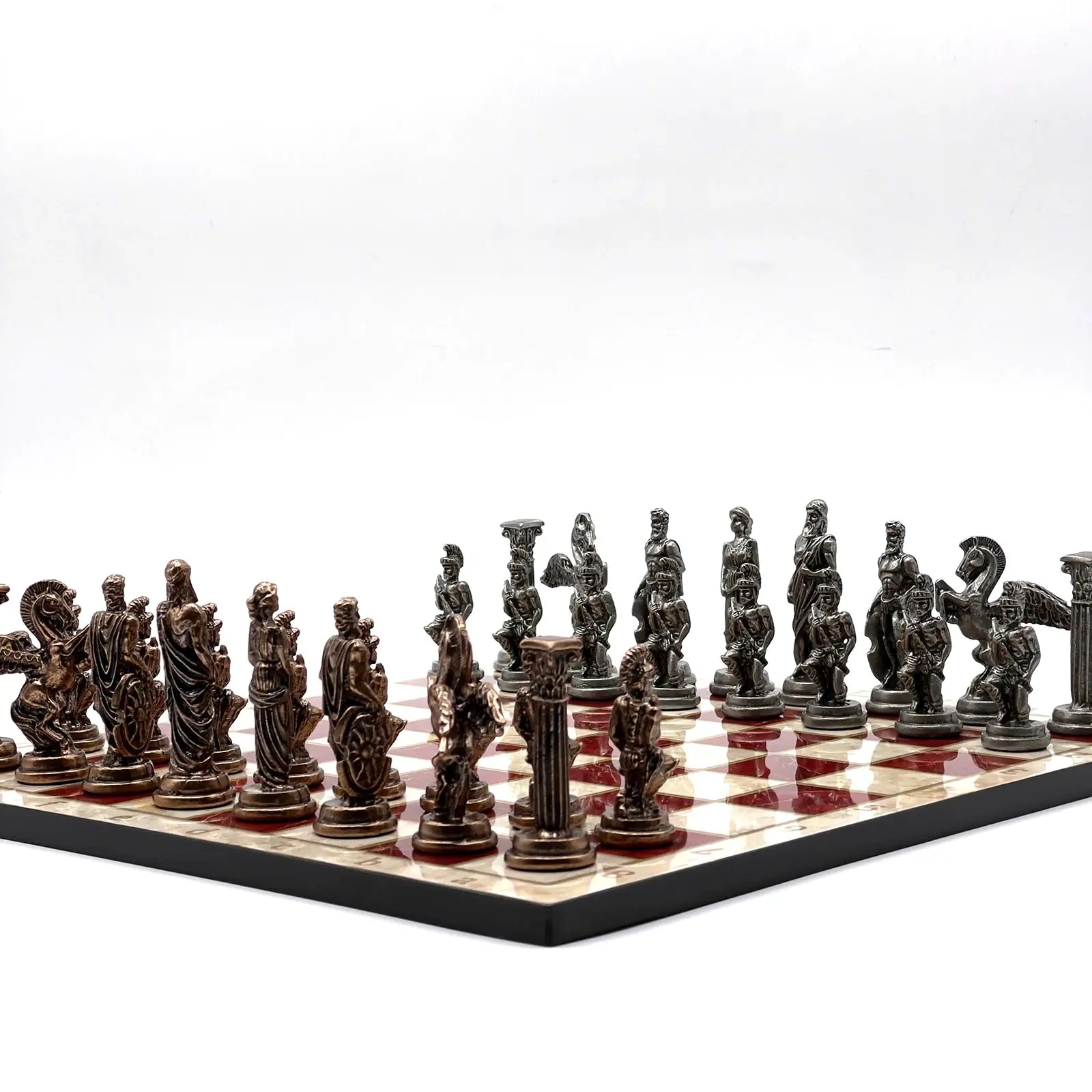 14" Red Marble Patterned Chess Set With Pegasus Metal Chess Pieces