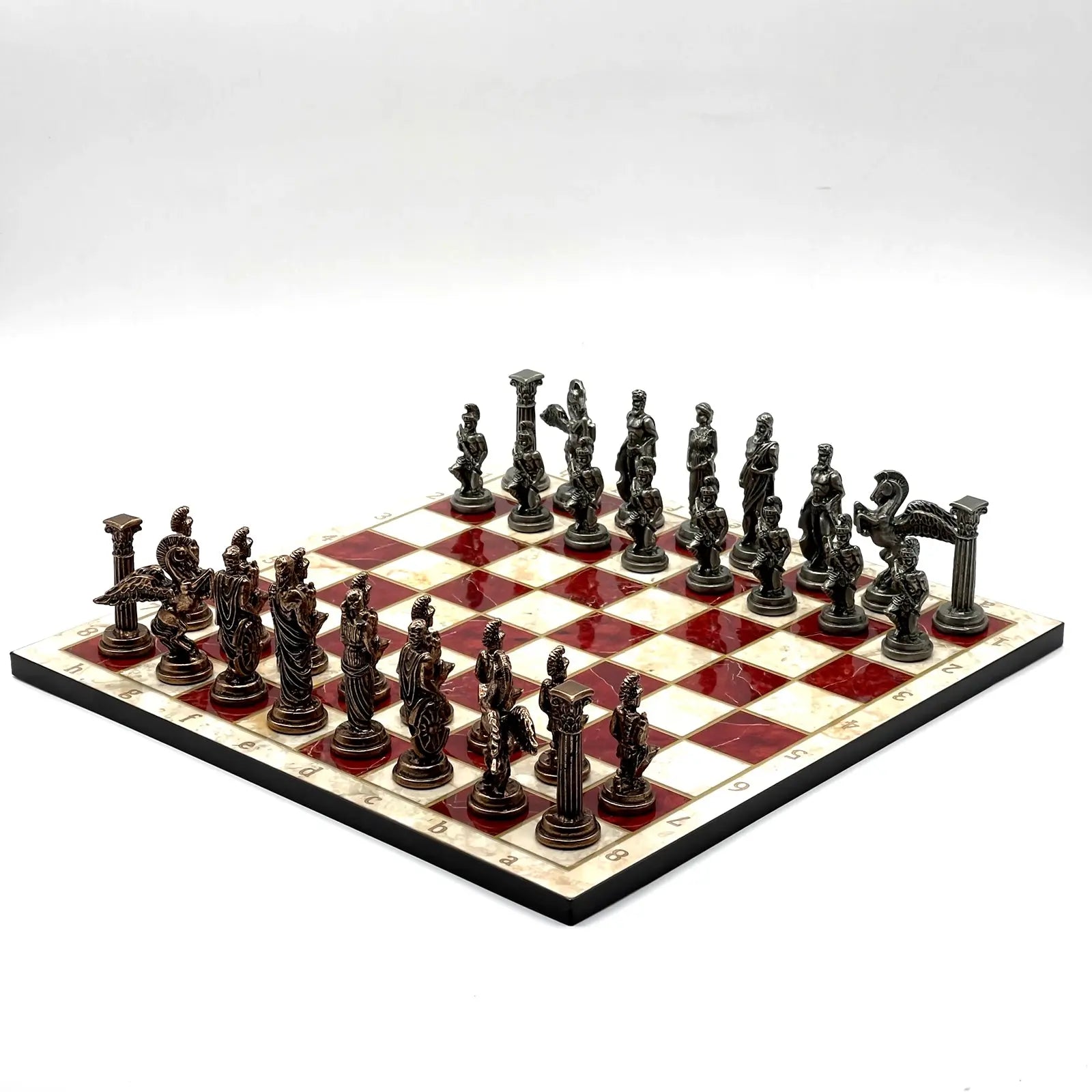 14" Red Marble Patterned Chess Set With Pegasus Metal Chess Pieces